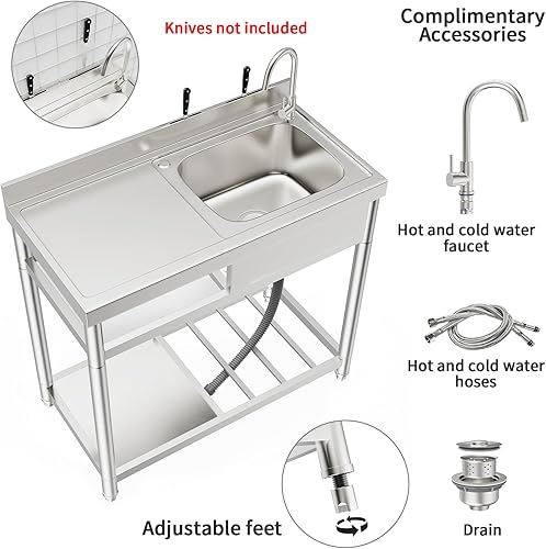 Miniatura 3 de ROOMTEC Juego de fregadero de acero inoxidable 304, fregadero de cocina de restaurante comercial, fregadero al aire libre con banco de trabajo y