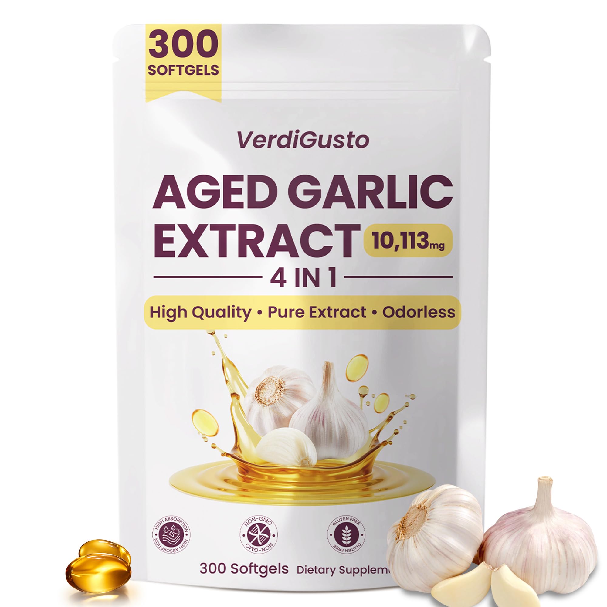 4-in-1 Aged Garlic Extract 10,113mg | Zinc, Magnesium & B12 | 300 Softgels | Odorless Garlic Supplements | Antioxidant Support, Cognitive & Energy Support | 20:1 Concentrate | Non-GMO, Gluten-Free
