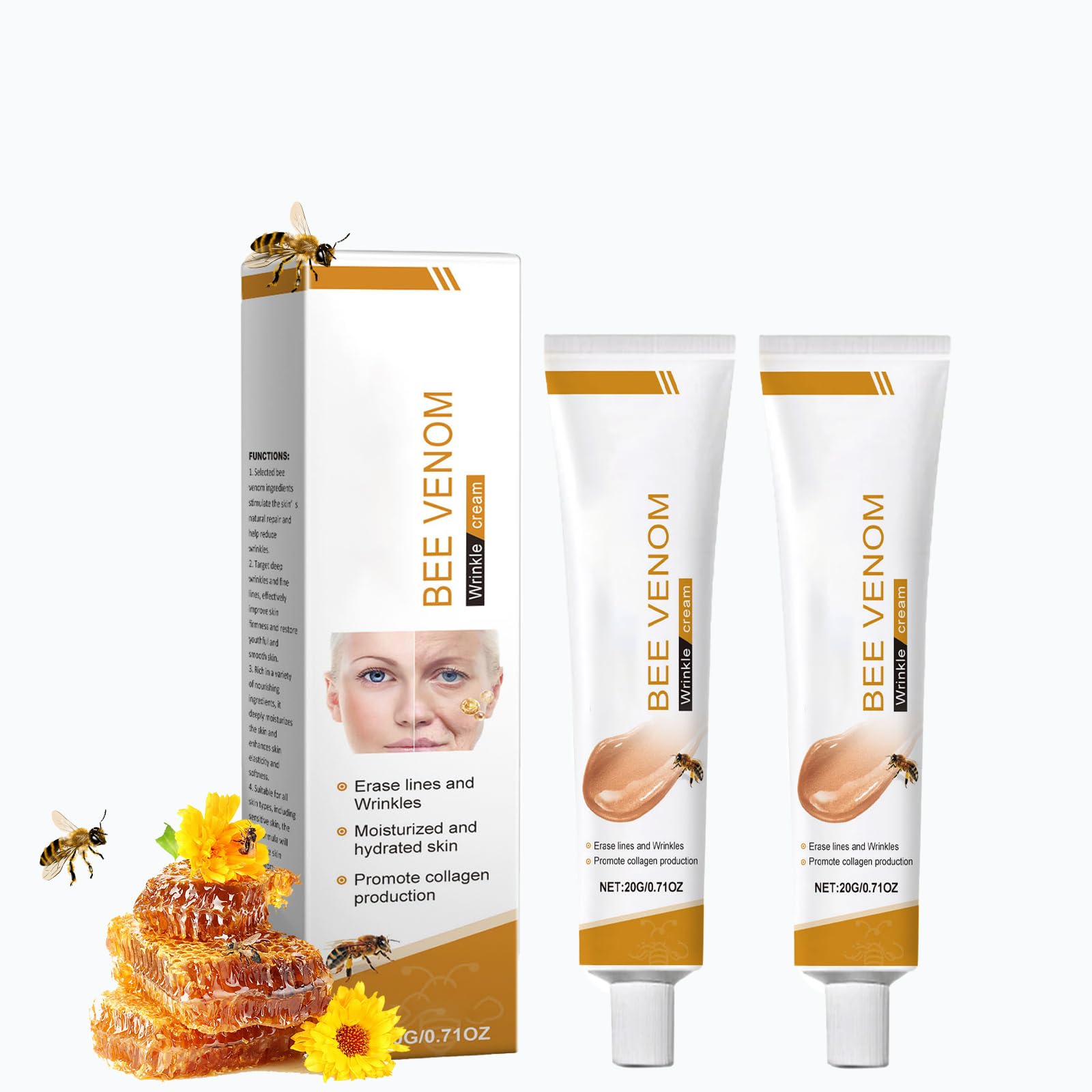 2PCS Crema para Eliminar Arrugas,20g Bee Venom Humectante Protector Reafirmante Antiarrugas Crema para La Cara y El Cuello,Corporal Reafirmante para la piel,Hidratación
