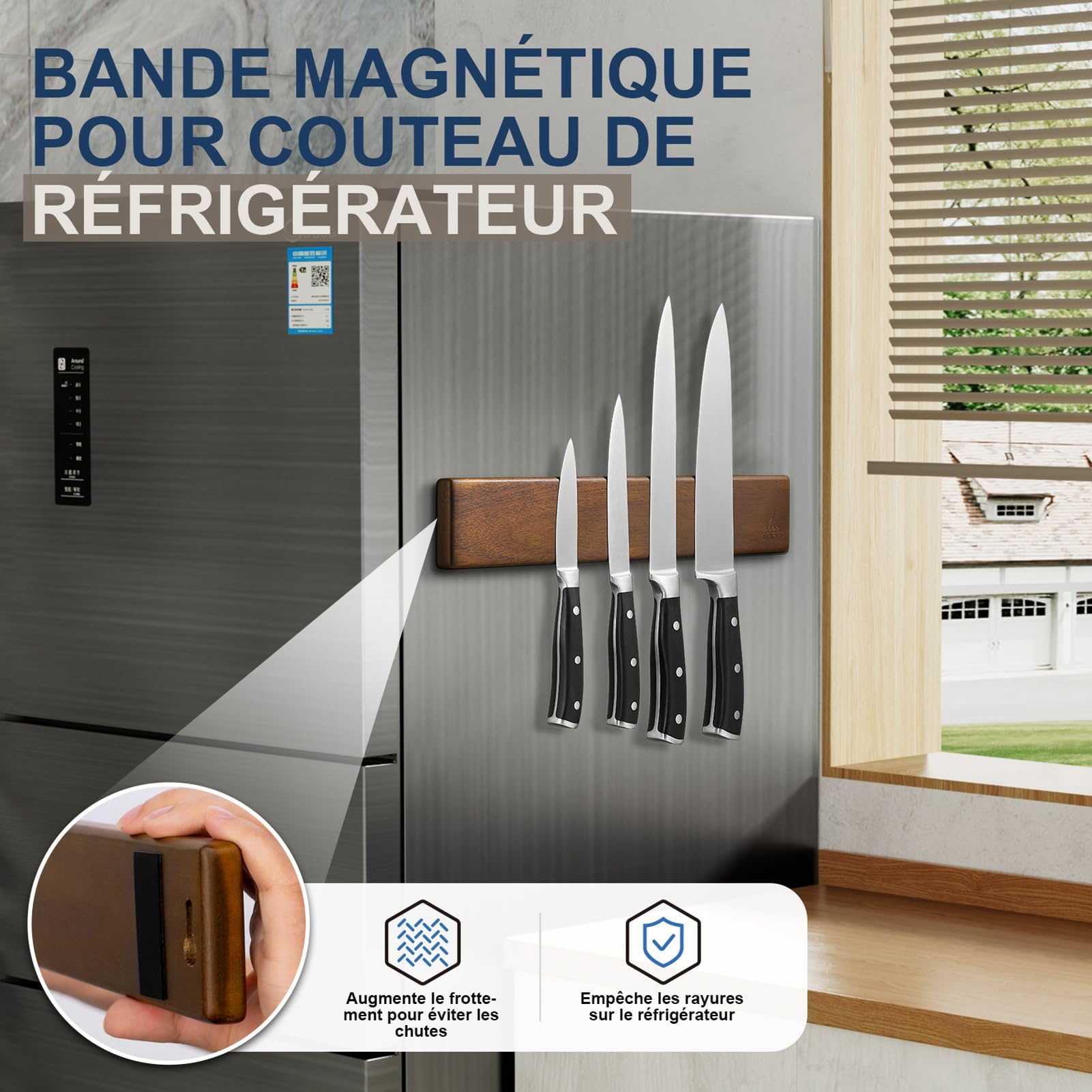 ENOKING Porte Couteaux Aimanté, Barre Aimantée Porte Couteaux de Cuisine avec 4 Crochets, 40cm Porte Couteaux de Cuisine Mural en Bois avec Aimant Extra Puissant pour range couteaux