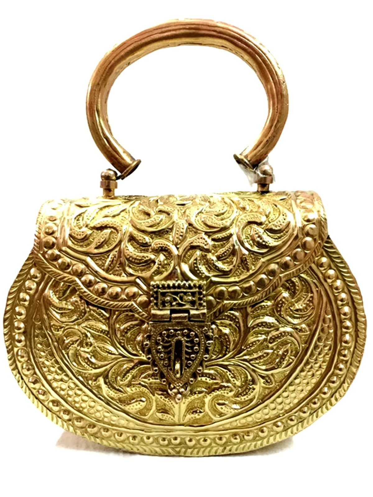 Golden Metal Brass Handcrafted Ethnic Handle Bag with Intricate Carving for Women Hand Fine carving-picture-18