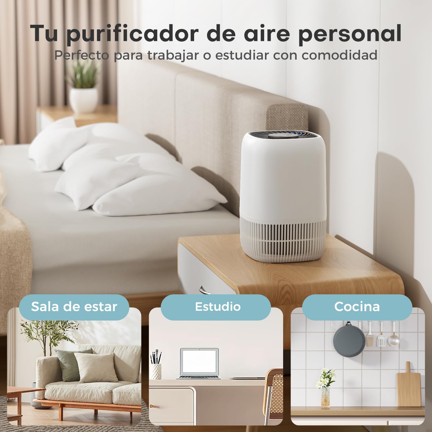 AROEVE Purificador de Aire con Filtro HEPA H13 de 3 Etapas, con un Consumo de Energía de tan solo 5W, Silencioso a 22db con Aroma, Combate el Polen, el Humo y el Pelo de Mascotas