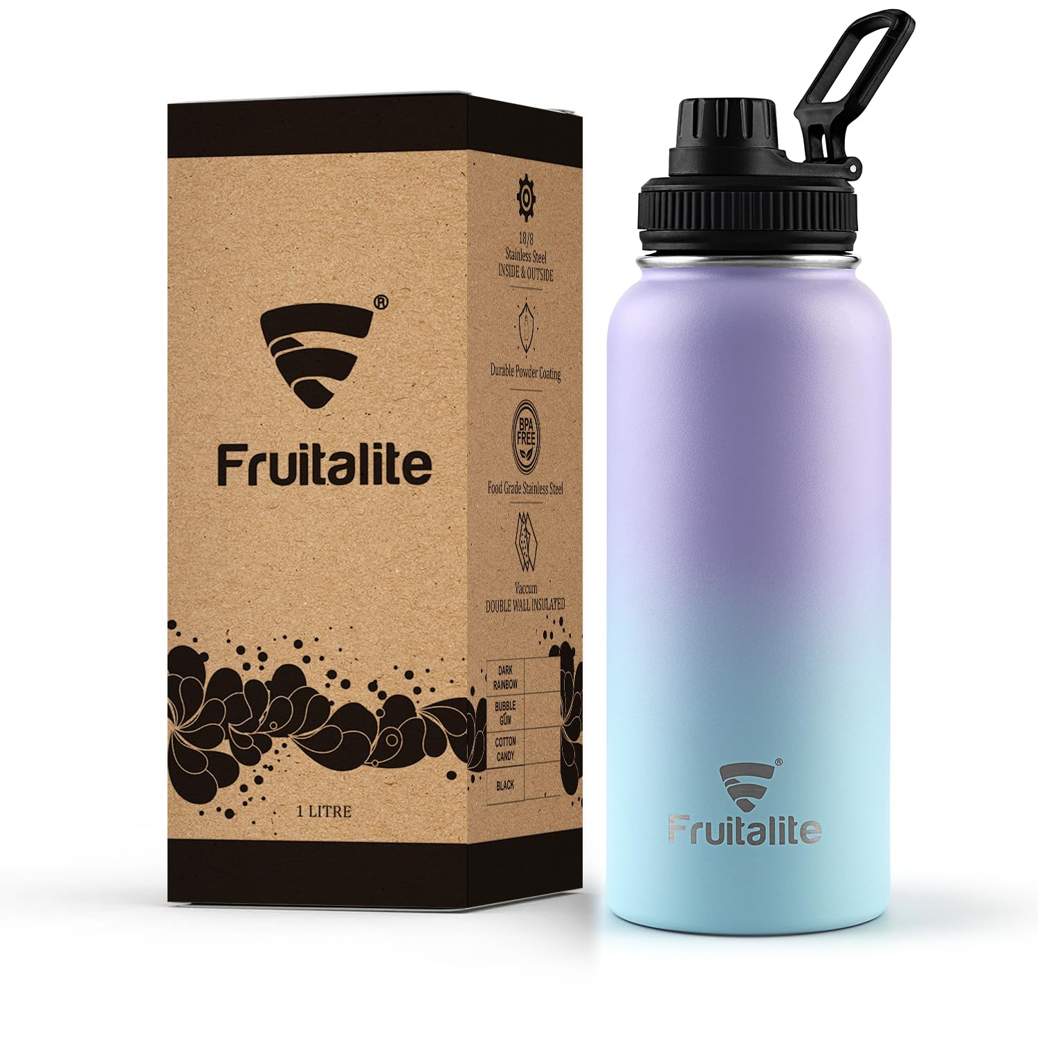 Fruitalite Thermos Water Bottle- 1000ml with Screw/Spout Lid, Stainless Steel Double-Wall Vacuum Insulated Thermo Flask 1 Litre+ | Retains Hot 12 Hours or Cold 24 Hours Temperatures- Cotton Candy