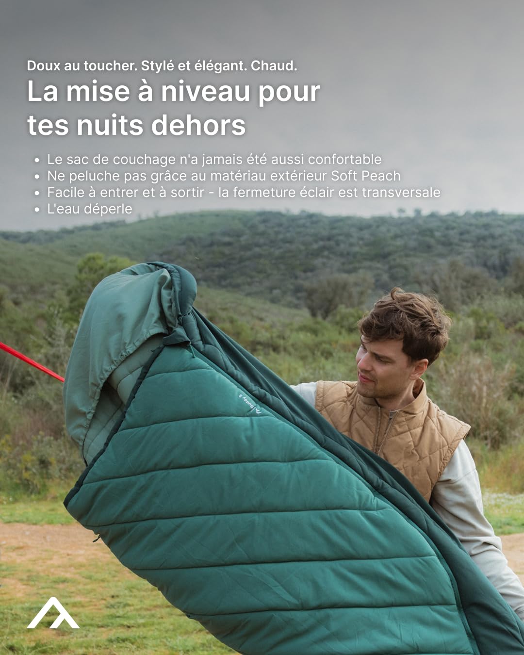 qeedo Buddy XL 8 Sac de Couchage XXL, Extra Large, été Outdoor (8-25 °C) 3 Saisons - Sac de Couchage Momie pour Adultes et Adolescents (jusqu'à 220 cm), Surface Peau de pêche