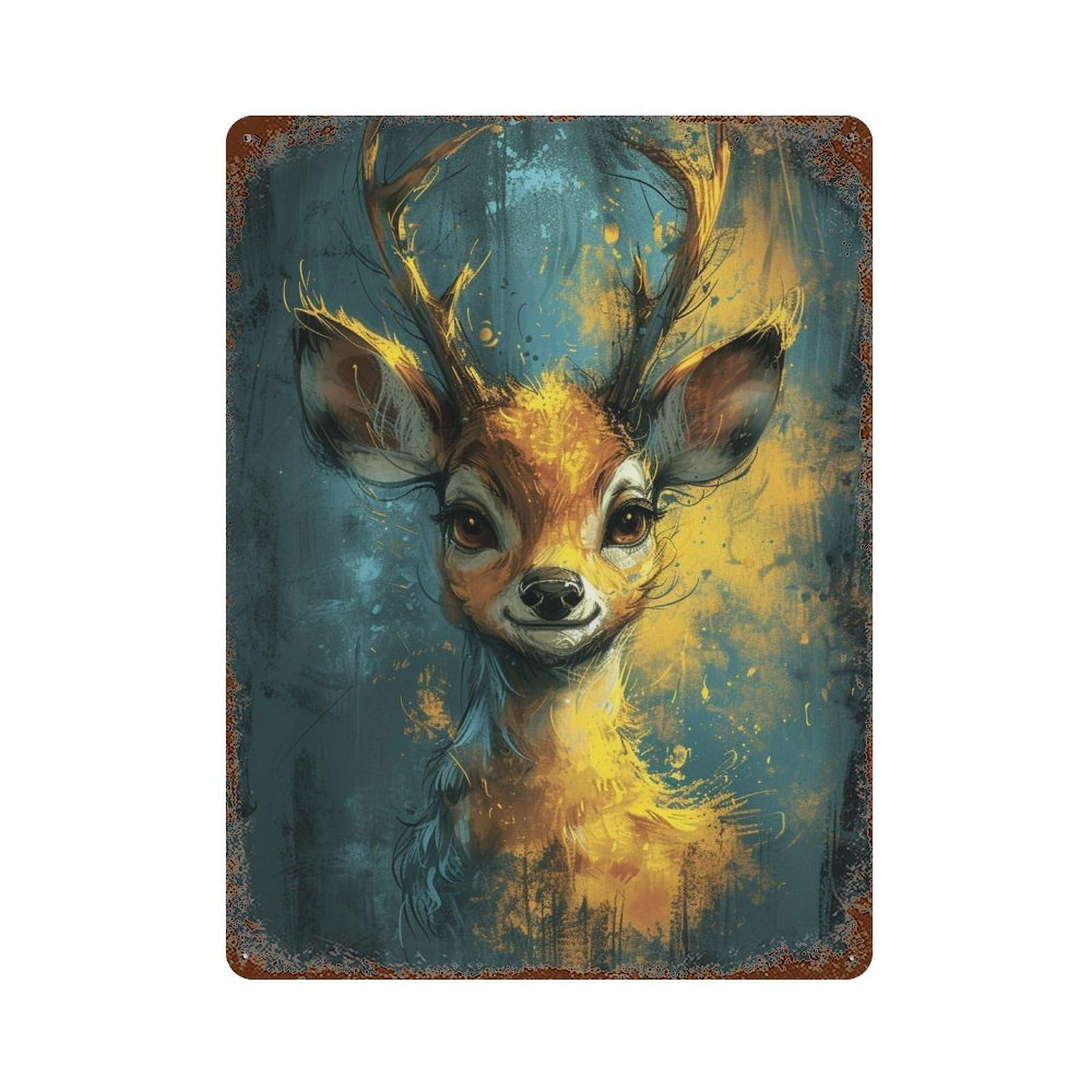 Golden Deer Art Print Rust Effect Tin Sign 15.7"x11.8", Farmhouse Wall Decor for Living Room, Hallway And Home Decor