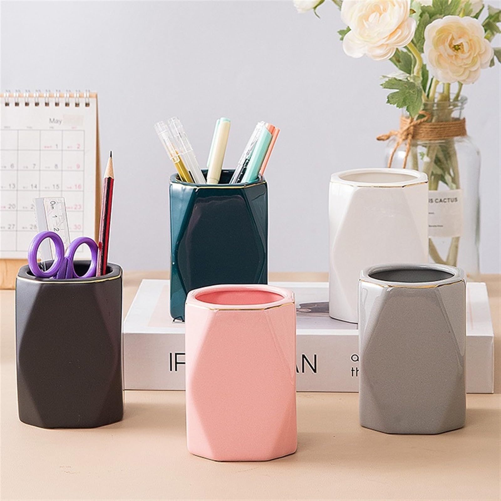 Moderner Schreibtisch-Organizer aus Keramik, kreativer Büro-Stifthalter, einfacher Stil, Make-up-Pinsel-Organizer, Beauty-Werkzeug, Aufbewahrungseimer, Augenbrauen-Stiftehalter (schwarz)