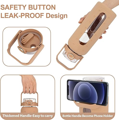 Miniatura 3 de Tronco Botellas de agua de vidrio de 64 onzas con tapa de popote y marcador de tiempo, botella de agua motivacional grande de medio galón con funda