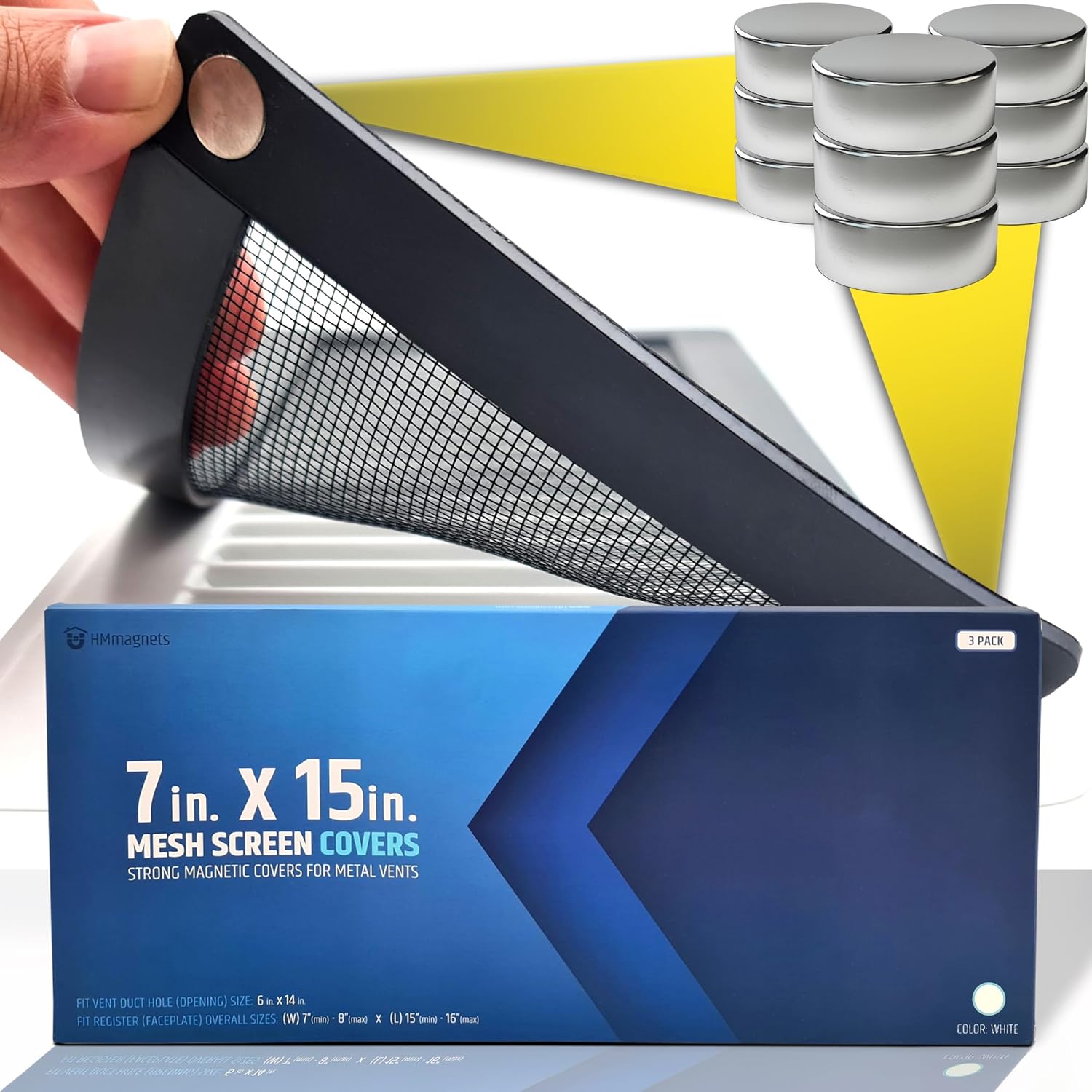 Powerful Magnetic Vent Screen Mesh Covers (3-Pack) That Will Never Move or Fall - for Floor, Wall & Ceiling Registers of Width 7" to 8", Length 15" to 16" - Super Strong Neodymium Magnets | White