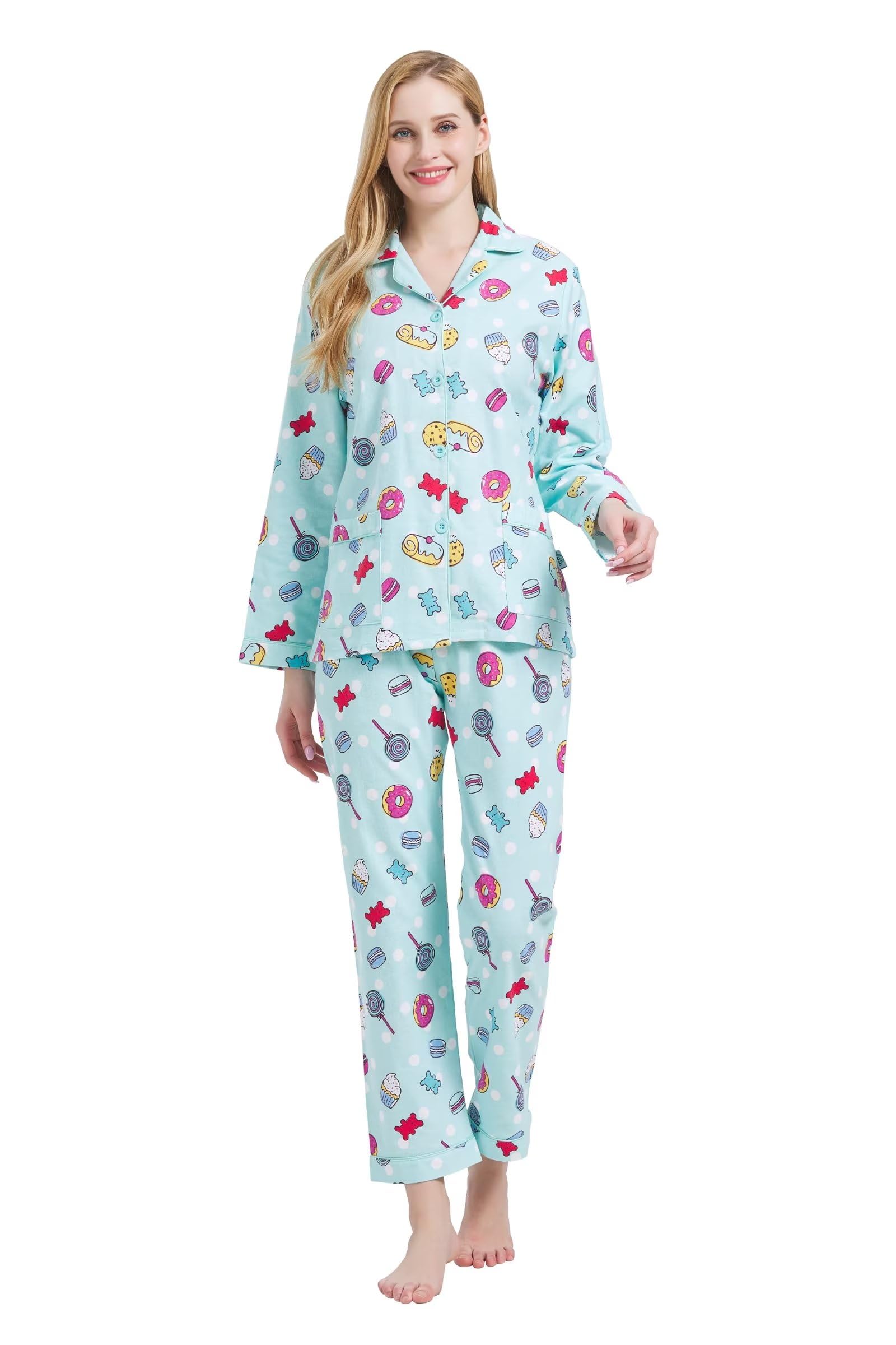 GLOBAL Women's Flannel Pajamas Set 100% Cotton PJs for Women Long Sleeve Button Drawstring Waist Warm Loungewear Sleepwear