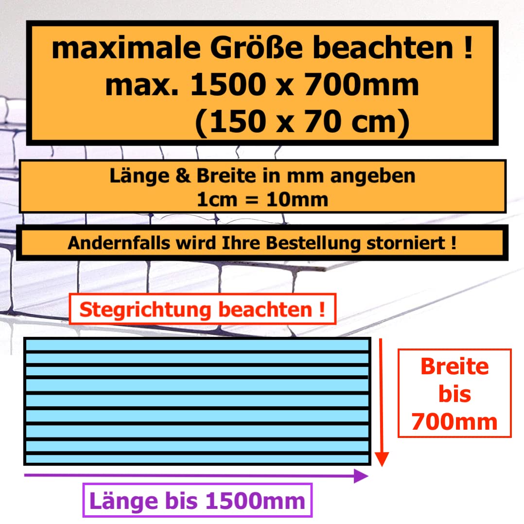 ◼️ Gewächshausplatten ◼️ 700 x 1500 mm ◼️ Doppelstegplatte ◼️ Hohlkammerplatte ◼️ Polycarbonat ◼️ 4 mm ▪️ 6mm ▪️ 8 mm ▪️ 10 mm Stärke ◼️ (6mm | 1 Stück | Wunsch-Zuschnitt)