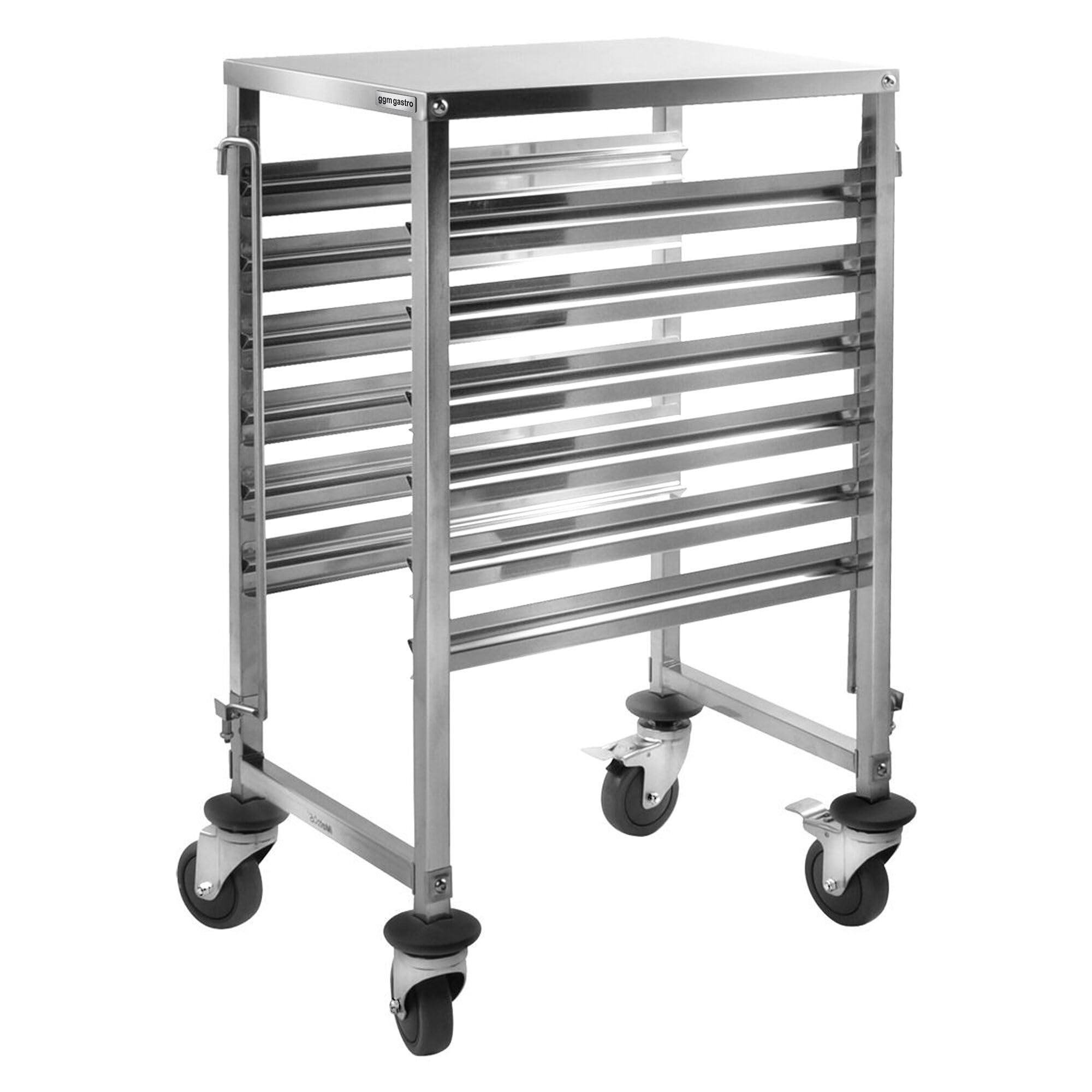 Tablettwagen - für 6 Tabletts GN 1/1 | Hochwertiger Edelstahl AISI 304, pflegeleichte Oberflächen, leichtgängige Lenkrollen mit Bremsen, sofort einsatzbereit