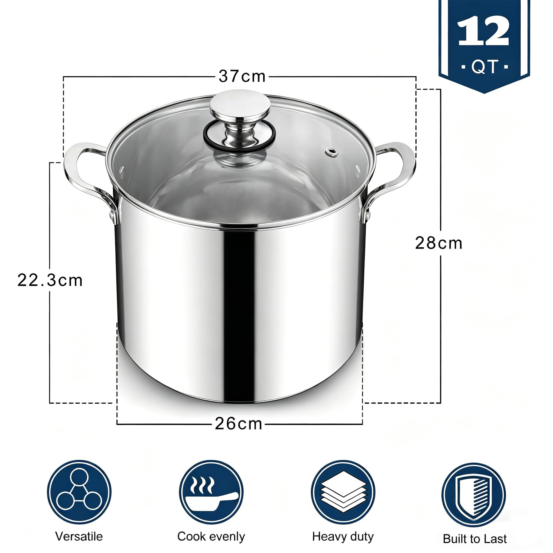 HaWare Pentola grande in acciaio inox da 12 l con coperchio trasparente, pentola da 26 cm con fondo a tre strati per pasta, carne, zuppe, adatta per induzione/elettrico/gas/ceramica, sana e facile da