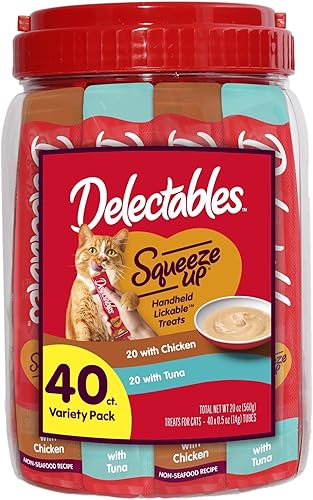 Vista 11 de Delectables Squeeze Up - Paquete variado de puré cremoso exprimible, golosinas húmedas para lamer para gatos, sin granos, sin rellenos añadidos, sin