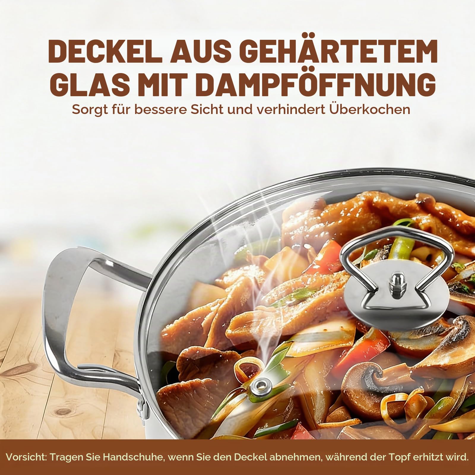 Topfset Induktion 10-Teilig, Topfset aus Edelstahl mit Glasdeckel und Stielkasserolle, Induktions Töpfe set, für alle Herdarten, unbeschichtet,Induktion Topf Kochtopf Set,Silber