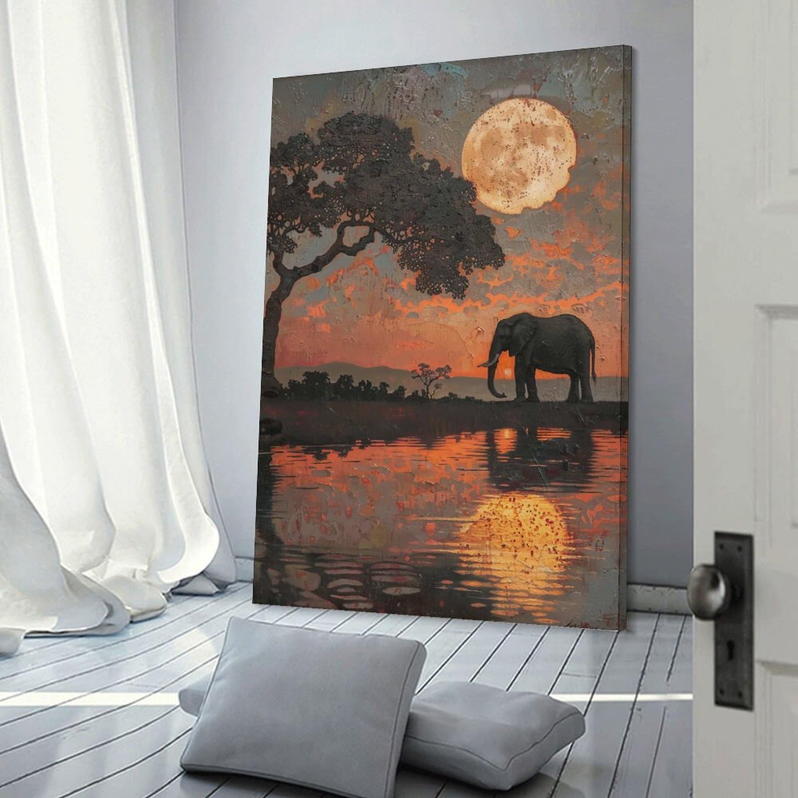 Junmoney Frame-Style-15 Canvas Wall Decor Elephant At Sunset Painting, 20X30inch(50X75cm), For Home Lounge, Bedroom Or Reading Nook, Eye Catching Artwork For Blank Walls
