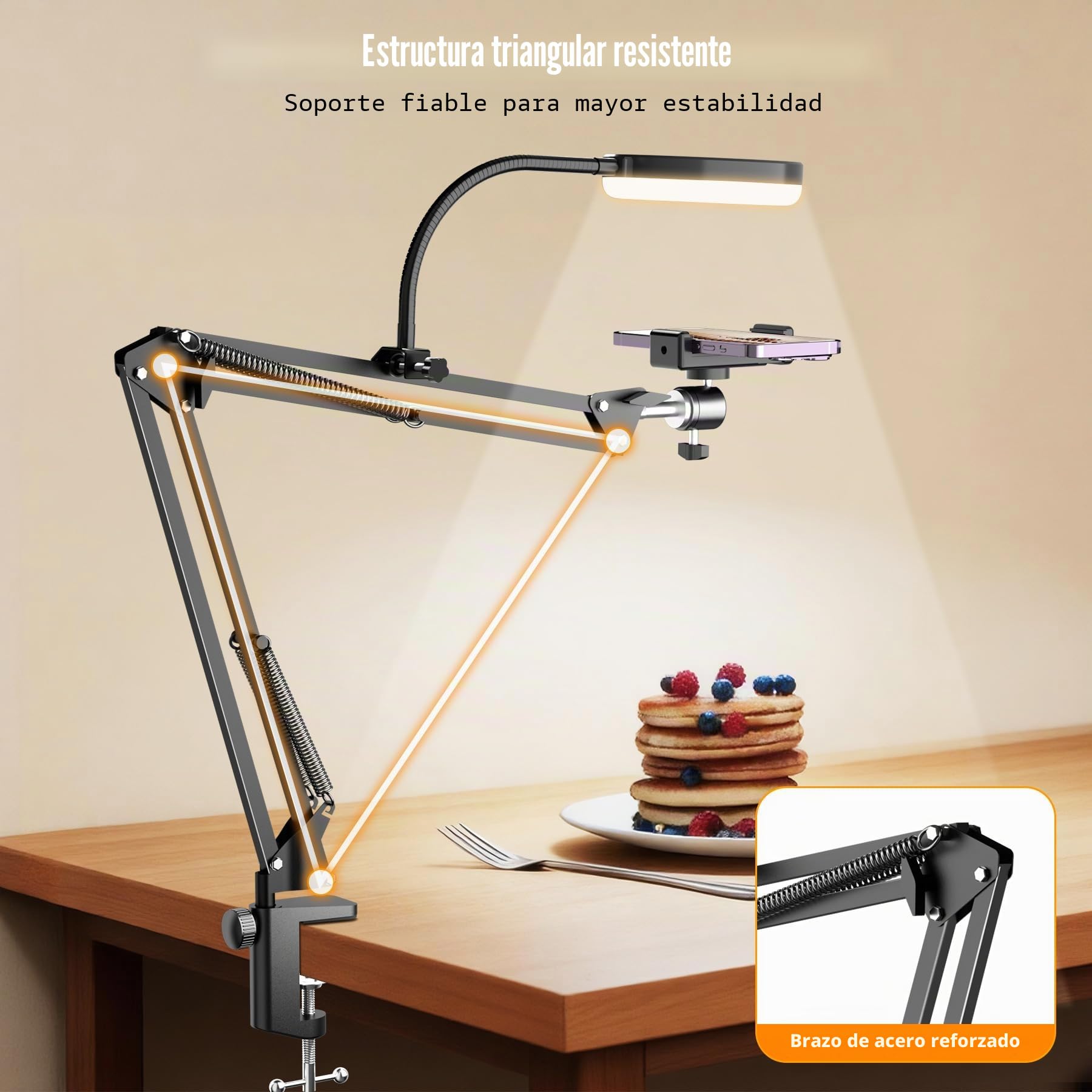 Soporte de teléfono Superior con Anillo de luz, Soporte articulado Flexible Compatible con iPhone, cámara Web Logitech, trípode de Escritorio para Youtube Live Stream Cocina, grabación de Video de