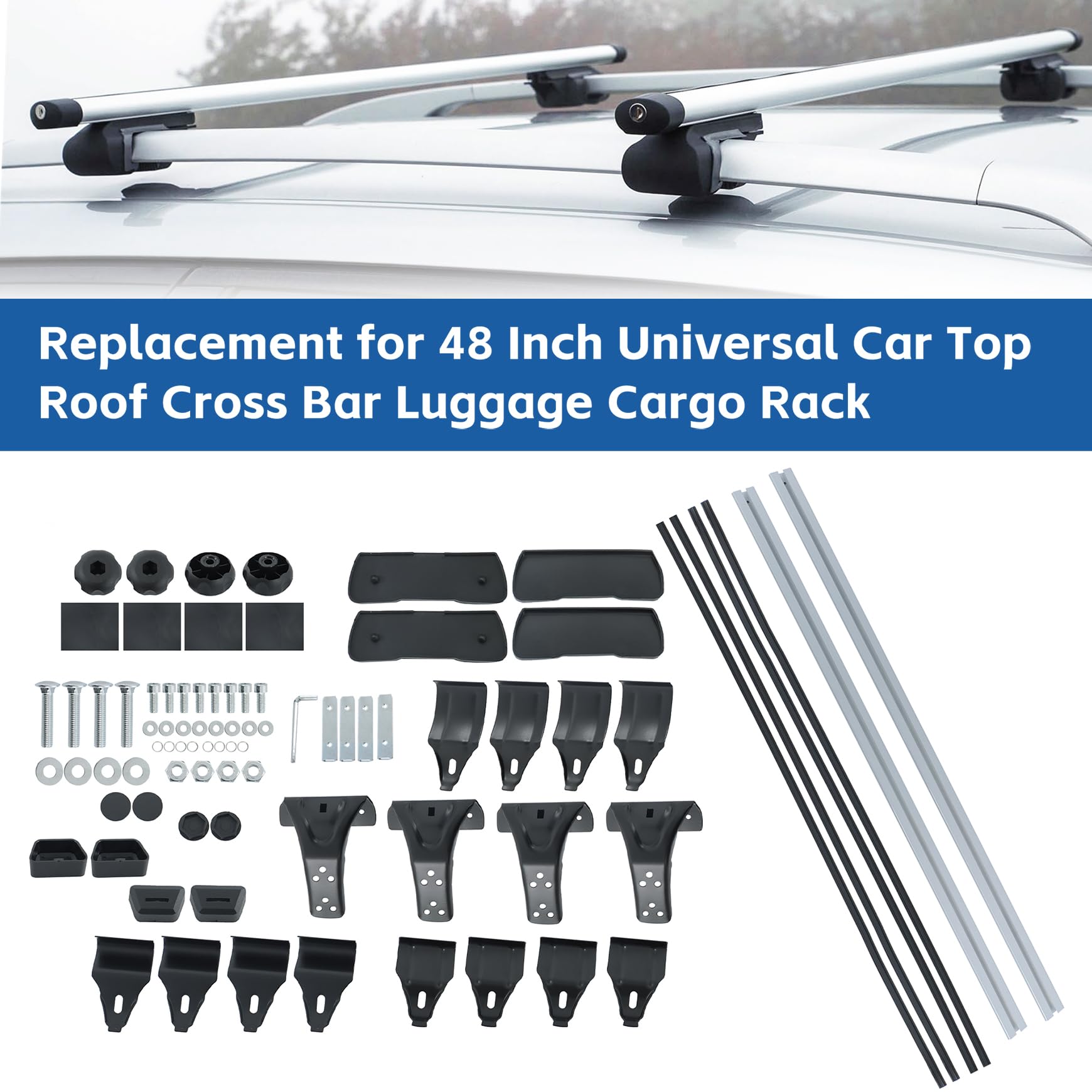 48 Inch Universal Car Top Roof Cross Bar Luggage Cargo Rack with 3 Kinds Clamp Silver Aluminum