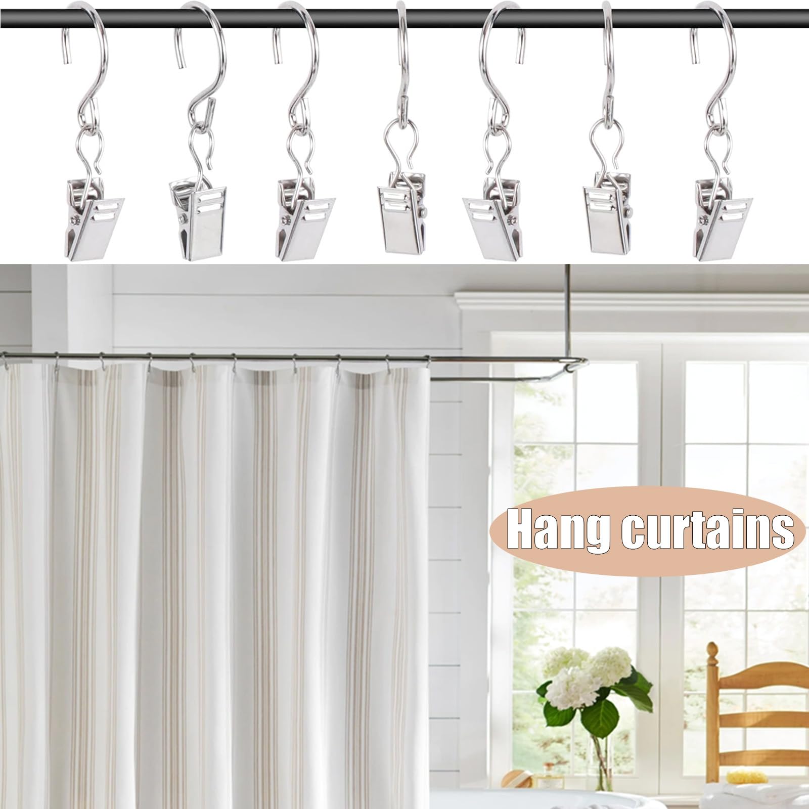 Ganci per Tende 100 Pezzi Ganci Clip in Acciaio Inox Argento 2.4 Pollici Multifunzione per Tende luci Esterne Decorazioni Feste casa Giardino