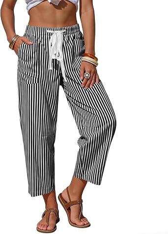 Ruziyoog Striped Faux Linen Barrel Pants for Women High Waisted Drawstring Capri Pants Summer Beach Vacation Trousers