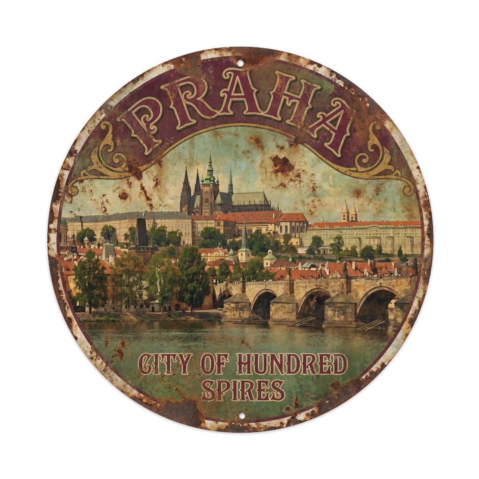 Vintage Travel Prague Castle Bridge Metal Tin Sign Plaque