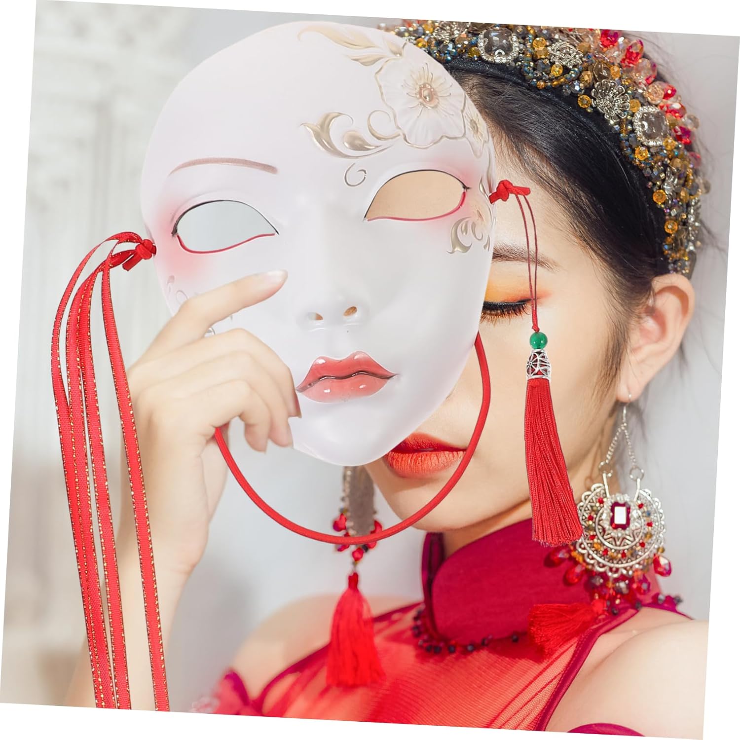 iplusmile Chinese Style Hand Painted Full Face for Adults Lightweight Party Mask for Halloween Cosplay Stage Performance Elegant Floral Design