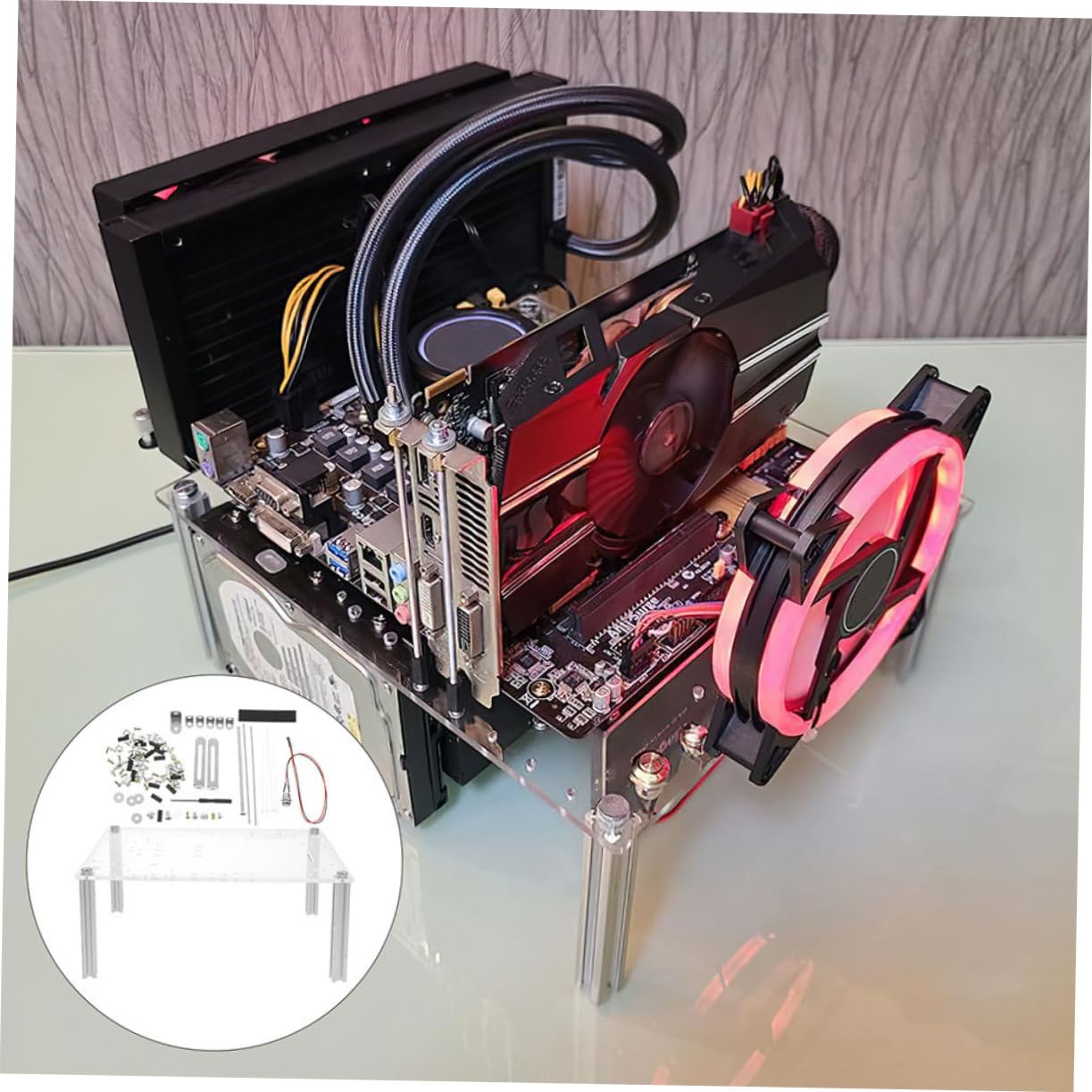 Uonlytech Staffa Per Case Pc Aperto Matx, Supporto Telaio Computer Robusto e Ventilato, Base Trasparente Per Banco Di Desktop, Facile Installazione Per Appassionati Fai-da-te