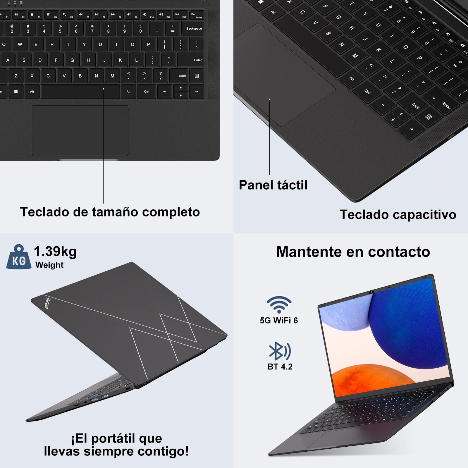 Ordenador Portátil 14 Pulgadas Celeron N5095 Upto 2,9 GHz Portatiles 8GB RAM 256GB SSD TF 1TB LPDDR4 Win11 5G WiFi 1920*1080 FHD mini HDMl Laptop Película Protectora Español - Oro Cuerpo Metálico-69
