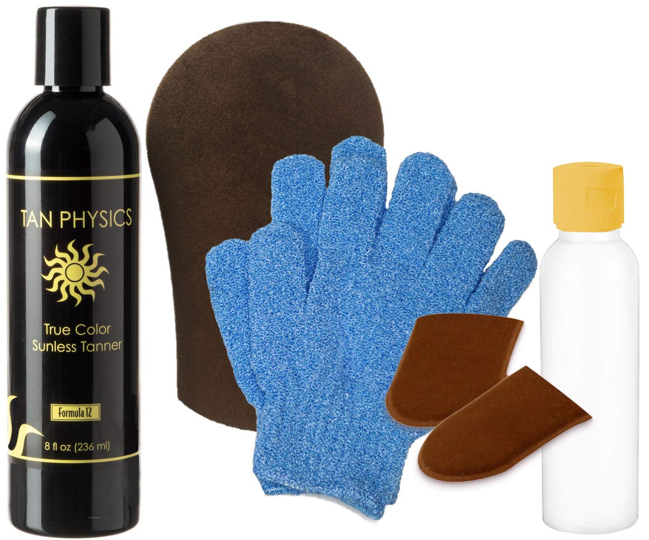 Tan PhysicsTrue Color Tanner 8 oz w/FREE Face and Body Tanning Mitts, Hydro Exfoliation Gloves and Empty Travel Bottle by Sans-Sun.