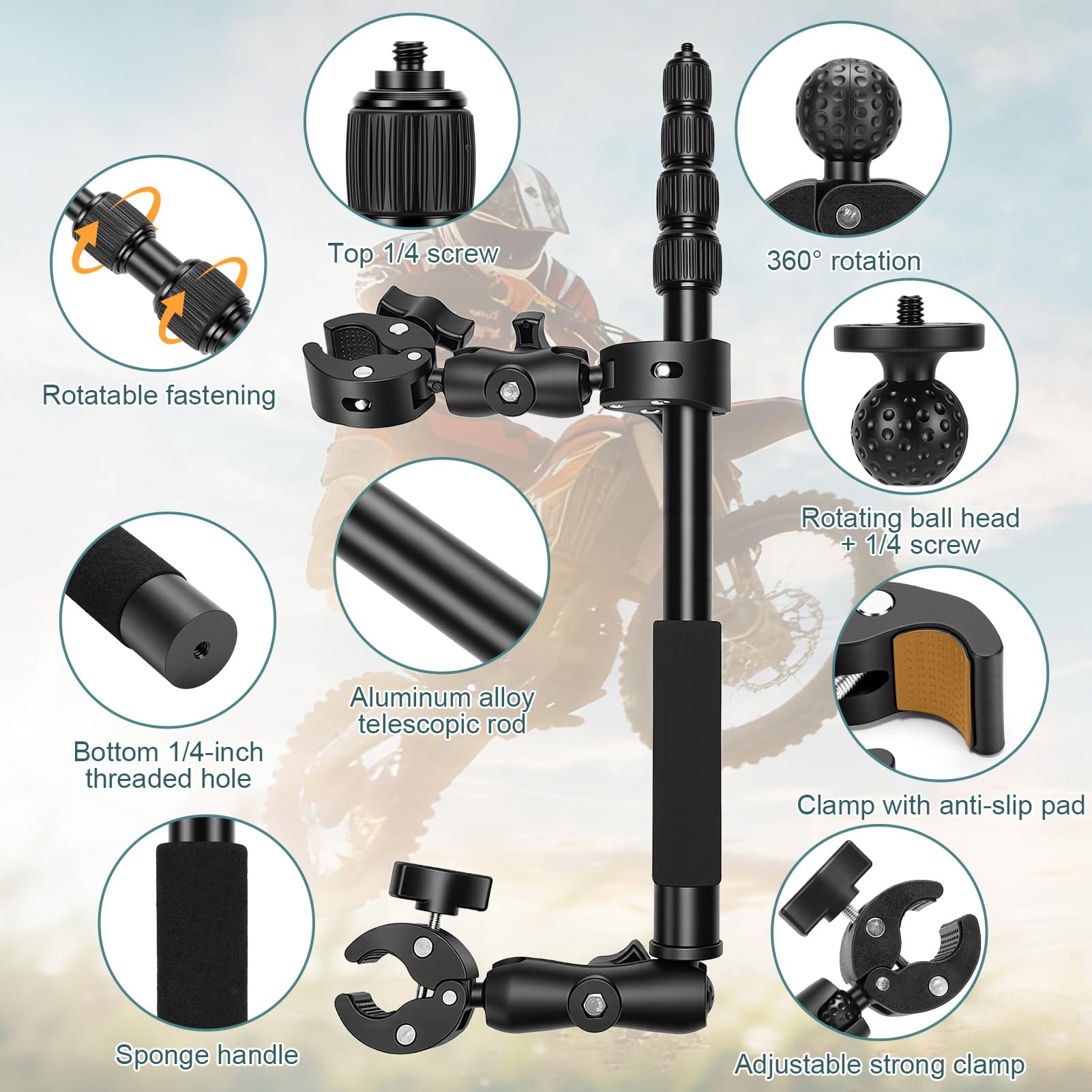 Kit di Supporto per Moto Bici, Invisibile per action camera da manubrio con selfie stick regolabile da 150 cm e doppio morsetto, montaggio per manubrio Compatibile Insta 360 X4 X5 X3
