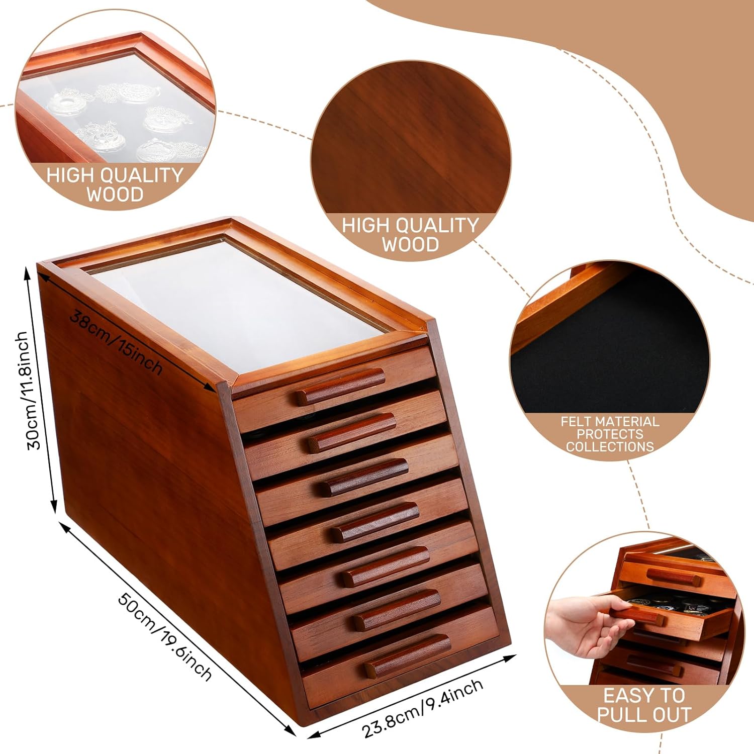 GlikCeil Pocket Knife Display Case Glass Top Display Case Holder Tool Storage Cabinet with Felt Bottom Drawers 7-Tier Pocket Knife Storage for Men Gift