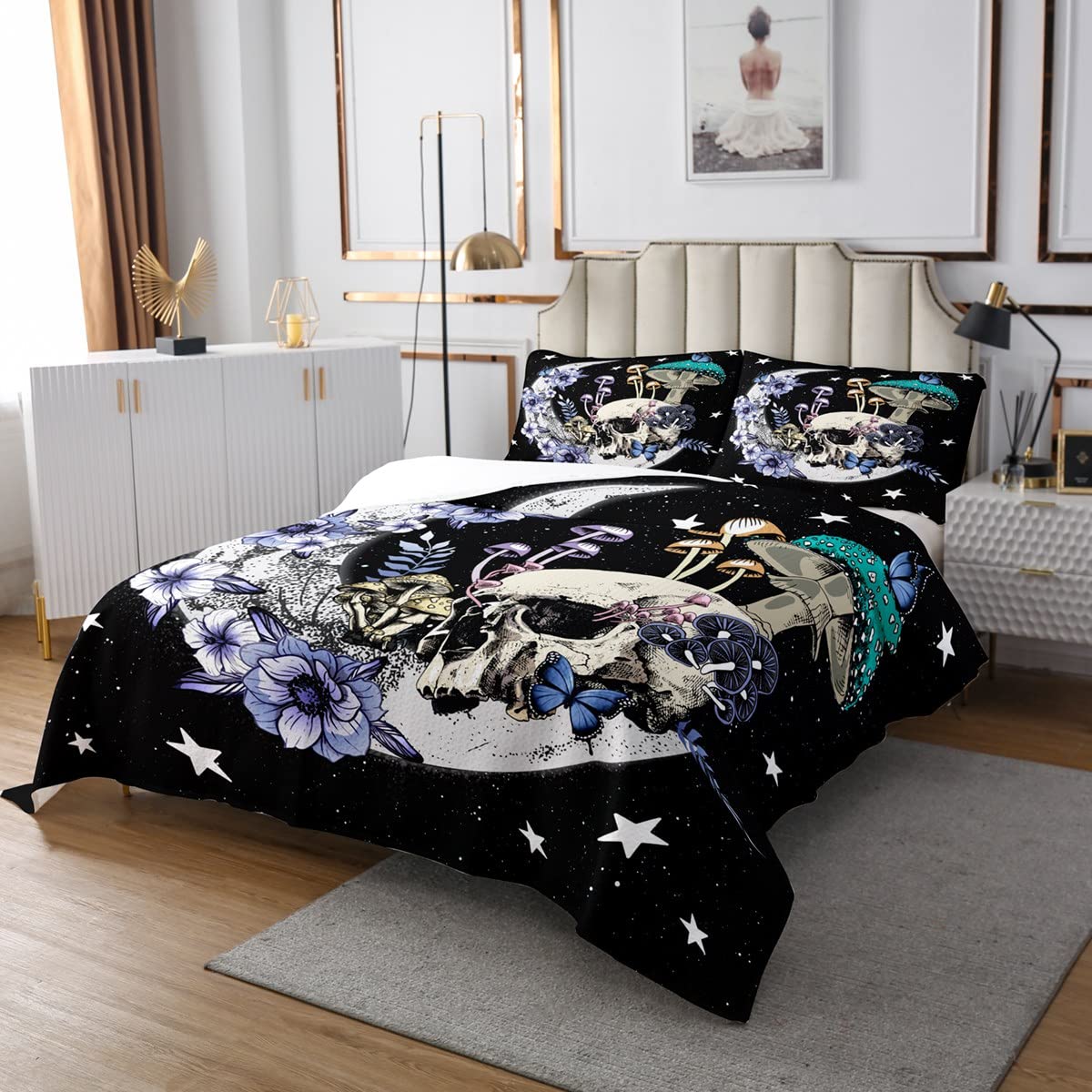 Castle Fairy Star Moon Bedspread Queen Size Mushroom Sugar Skull Coverlet Set 3pcs for Kids Girls Boys Youth Bedroom Decor Exotic Plants Comforter Set Purple Flower Butterfly Quilt Set,2 Pillowcases