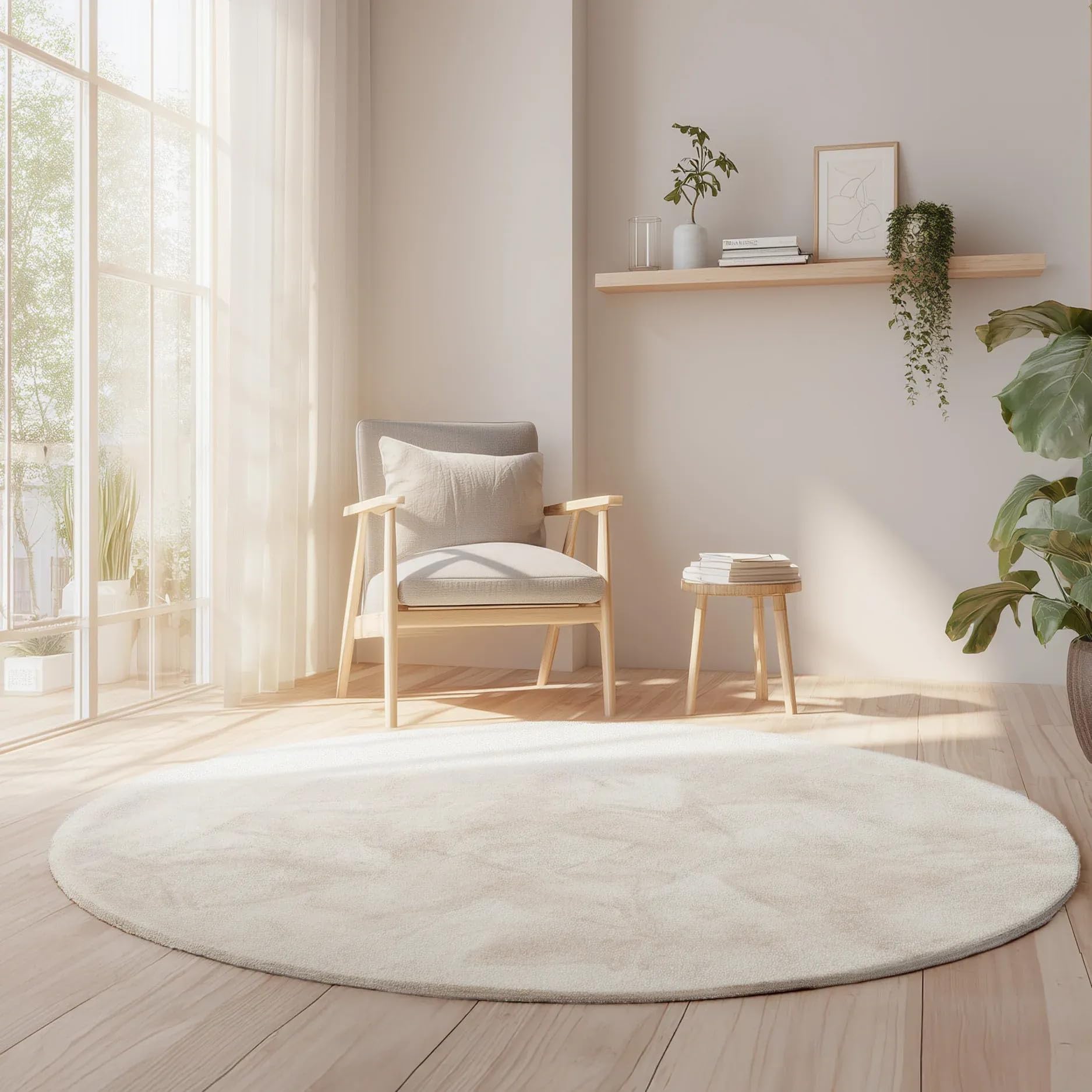 Tappeto shaggy rotondo Ø110 cm crema Dave - in pelliccia sintetica a pelo lungo - Soffice a pelo lungo per soggiorno, camera da letto e cameretta