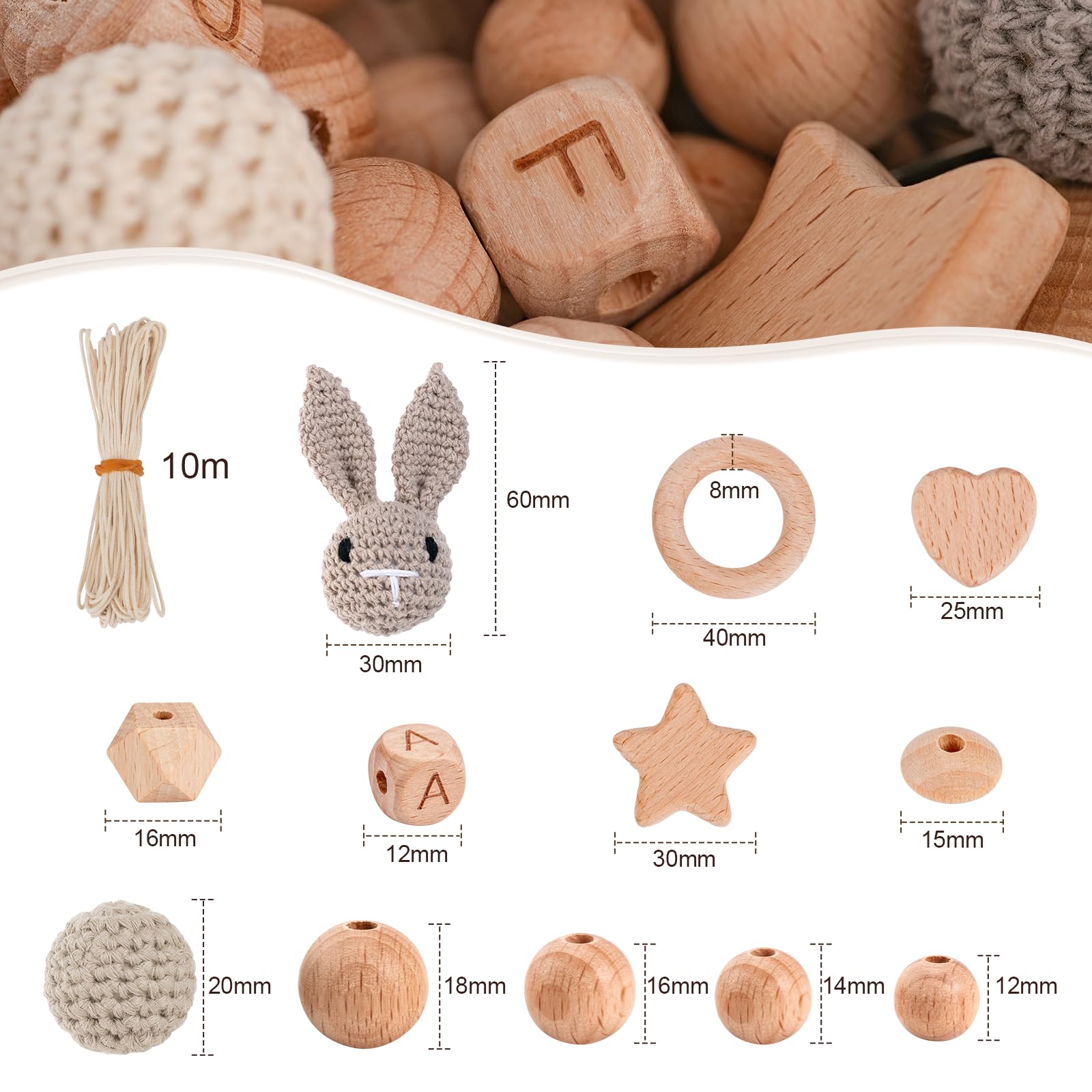 Holzperlen Holzringe Set 322 Stück Buchenholzperlen Rund Holzkugeln mit Loch für Makramee DIY Schmuck Zubehör