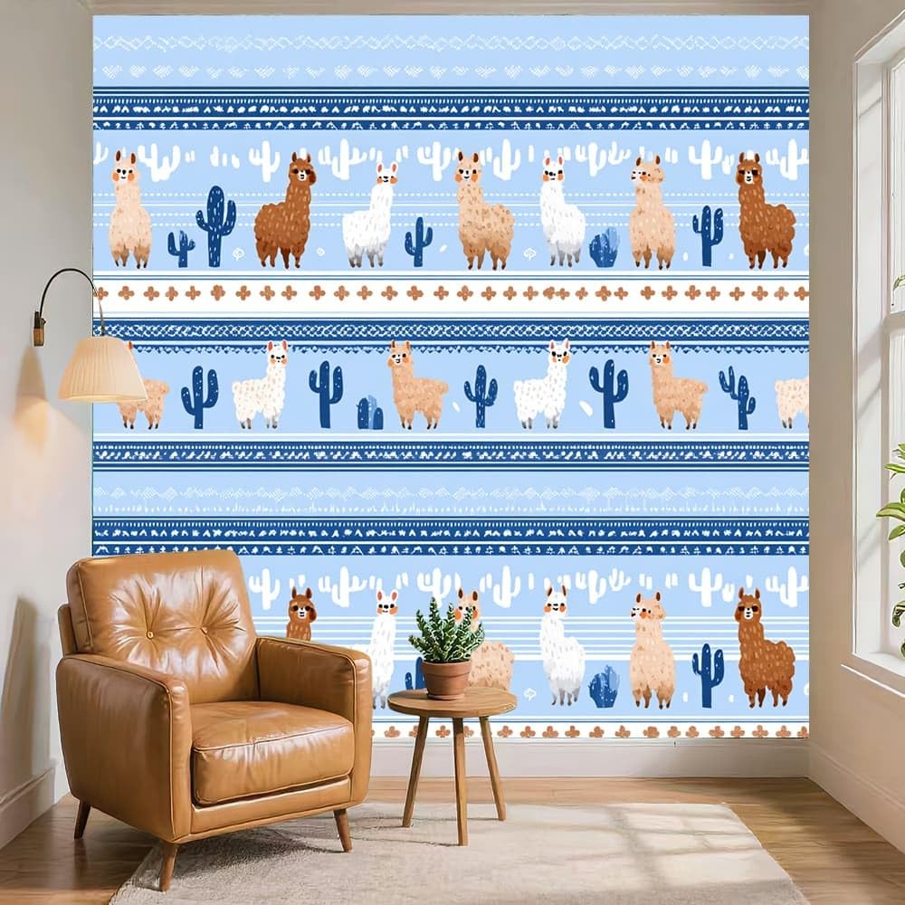 Panoramiczna tapeta kreskówka alpaka kaktus - fototapety - duże niebieskie malowidła ścienne plakat do salonu, pokoju dziecięcego dla dorosłych, dekoracja gabinetu 350 x 256 cm