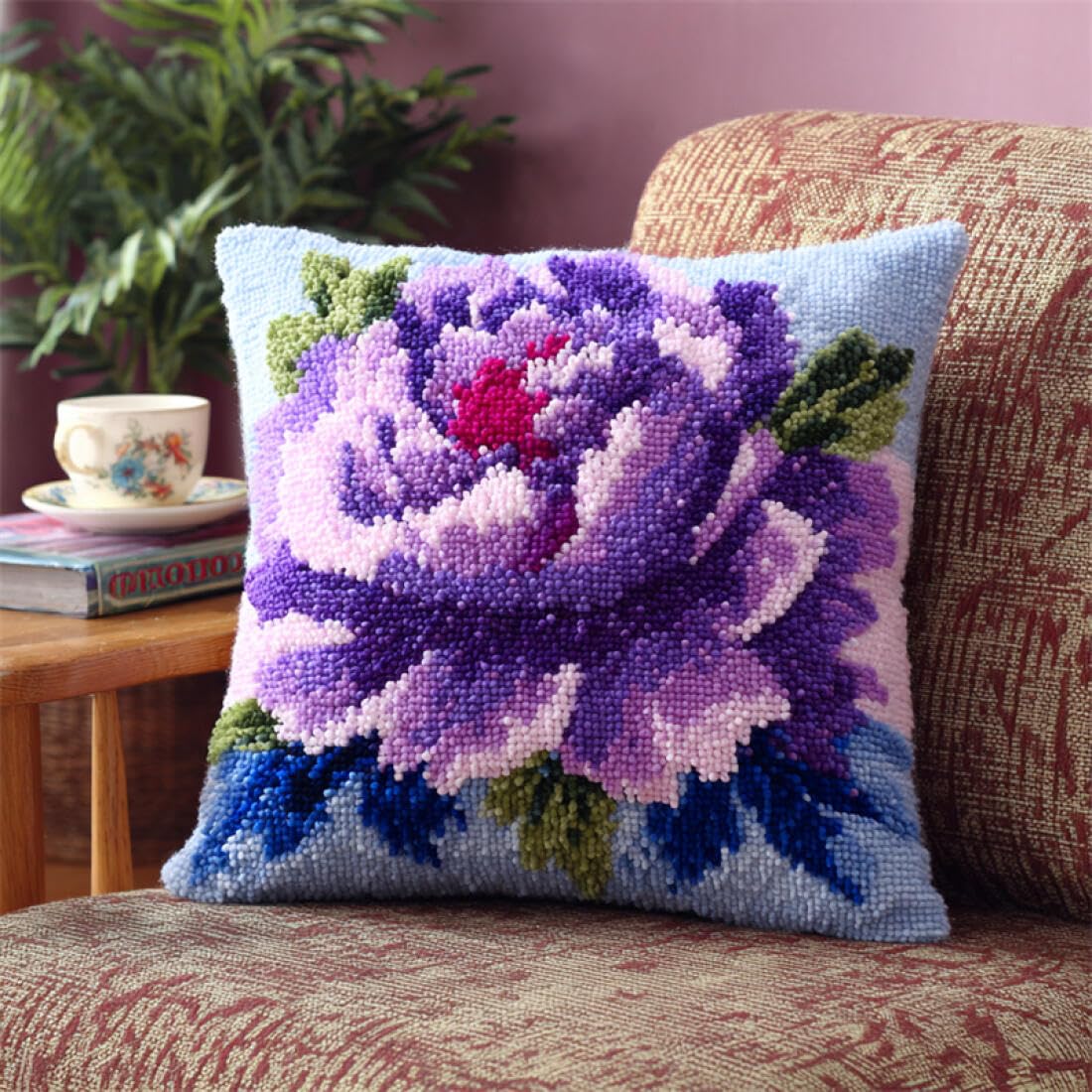 Kitquiver U Latch Hook Cushion Kits Purple Peony Crochet Needlework Crafts With Latch Hook Tool For Adults Diy Handmade Home Cushion Kits Decor 17X17in