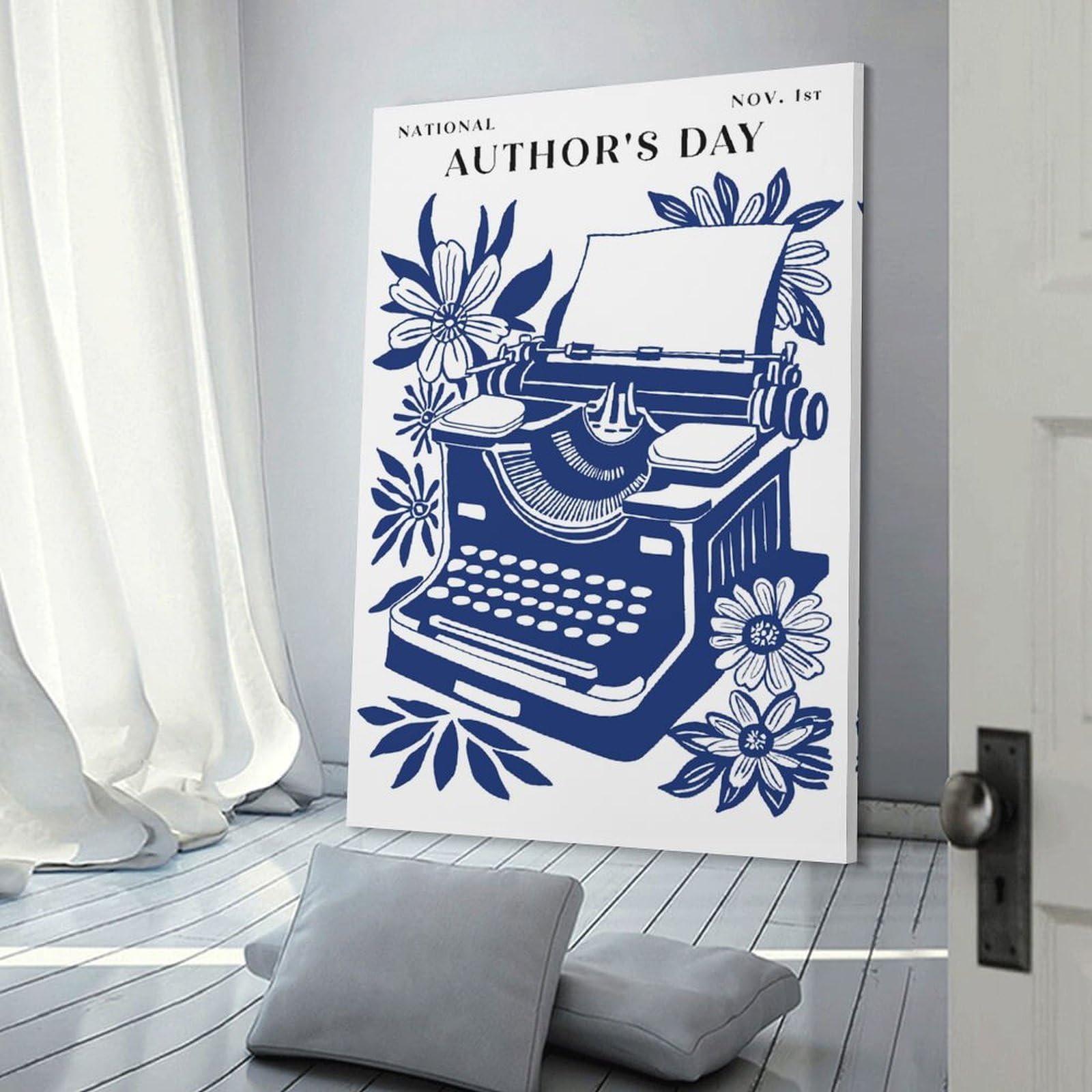 Junmoney National Authors Day Typewriter Illustration Canvas Wall Art, 24x36inch(60x90cm), for Entrance Walls, Hall Decor Or Foyers, Wall Decor to Refresh Empty Corners