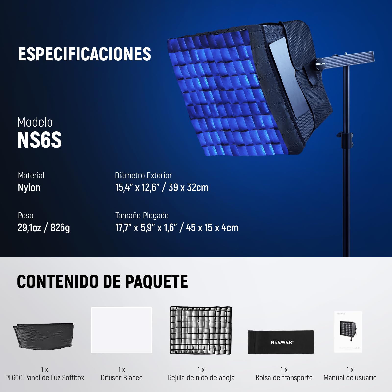 NEEWER Difusor Softbox Actualizado para RGB PL60C Panel Luz de Video LED, 39x32cm Plegable con Rejilla/Bolsa/Capota Opaca, Sin Necesidad de Quitar Puertas de Granero Configuración para Luz Suave,NS6S