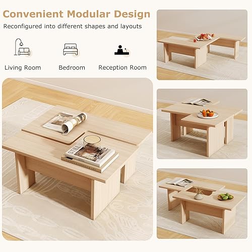 Miniatura 4 de Giantex Juego de 2 mesas de centro en forma de L, mesa central modular anidable con acabado de grano, mesas modernas de sala de estar de mediados de