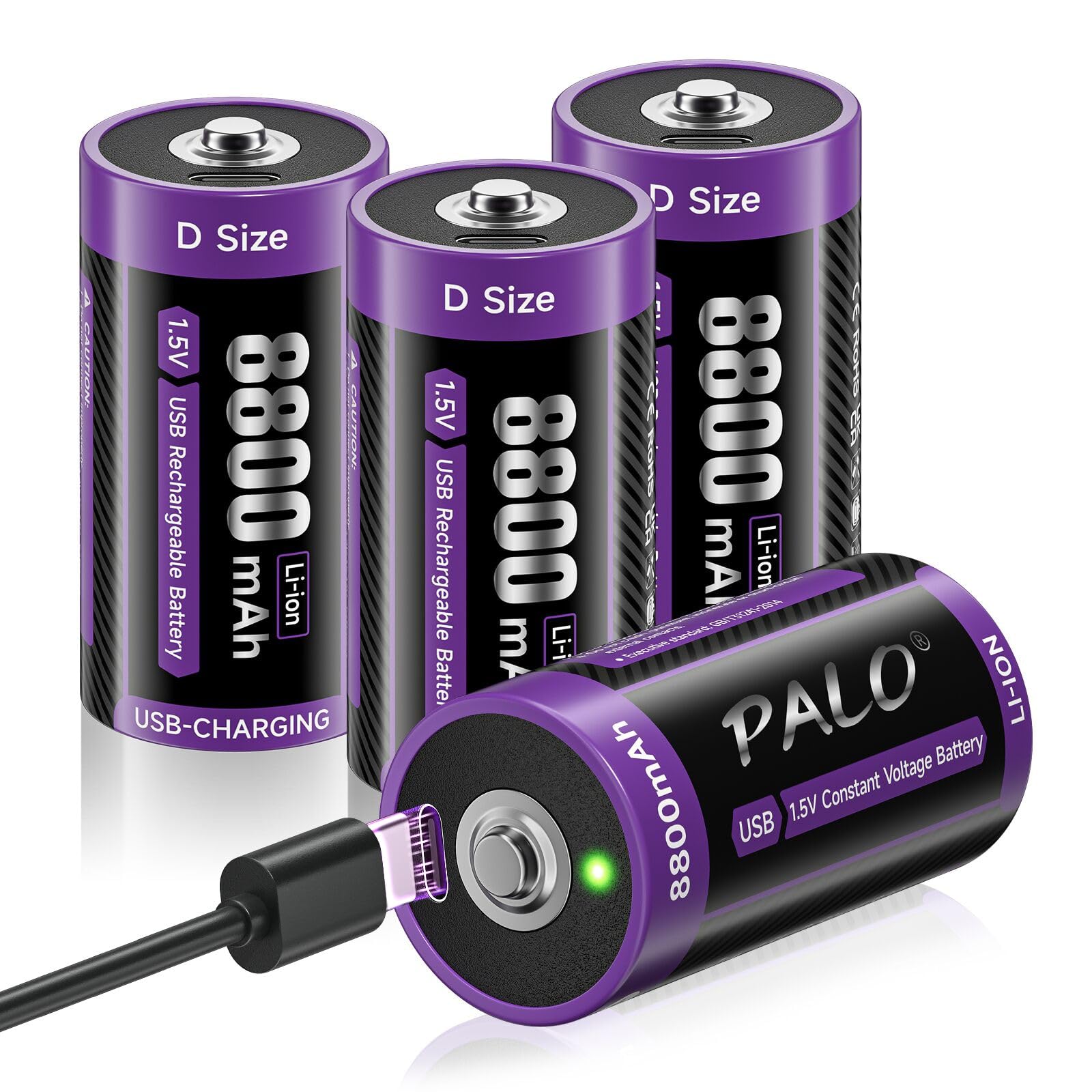 1,5 V D-Zellen-Batterien, 8800 mAh, USB-C-LR20-Batterie, Typ-C-Akkus, geringe Selbstentladung, mit Ladelicht, 1500+ Zyklen, 4 Stück 1,5 V D-Batterien