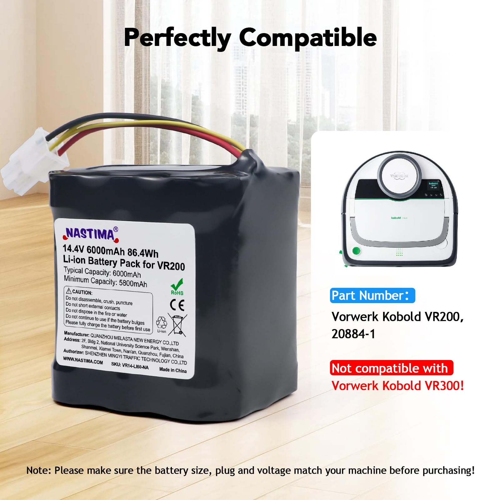 NASTIMA 14,4V 6000mAh Li-Ion Akku Kompatibel mit Vorwerk Kobold VR200, Art.-Nr. 20884-1, Staubsauger-Akku mit BMS