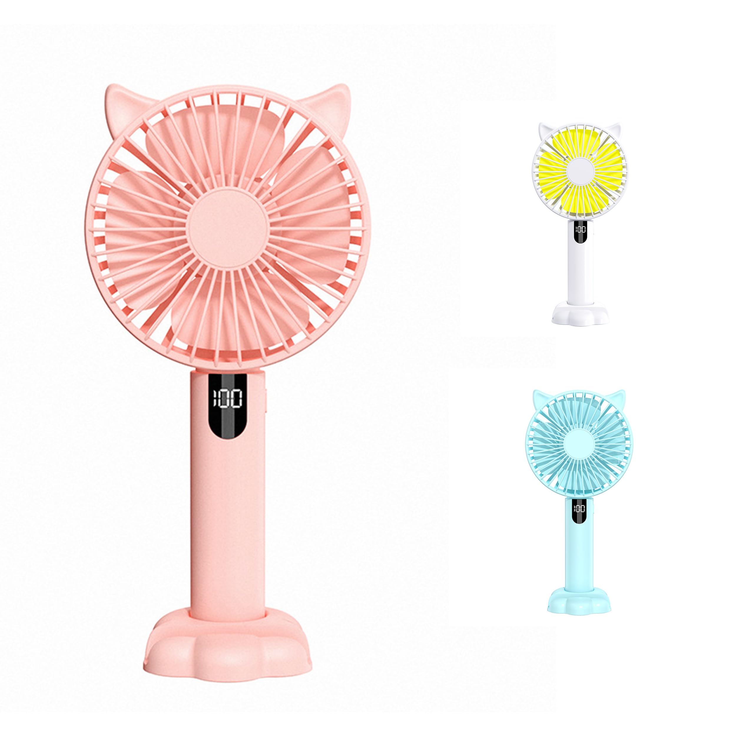 Yindella USB Handheld Mini Portable Cartoon Fan-Digital Display, Small Electric Fan with Phone Stand and Lightweight Rechargeable with 5 Speed ​​for Girls, Women, Men, Indoor, Outdoor (Pink)