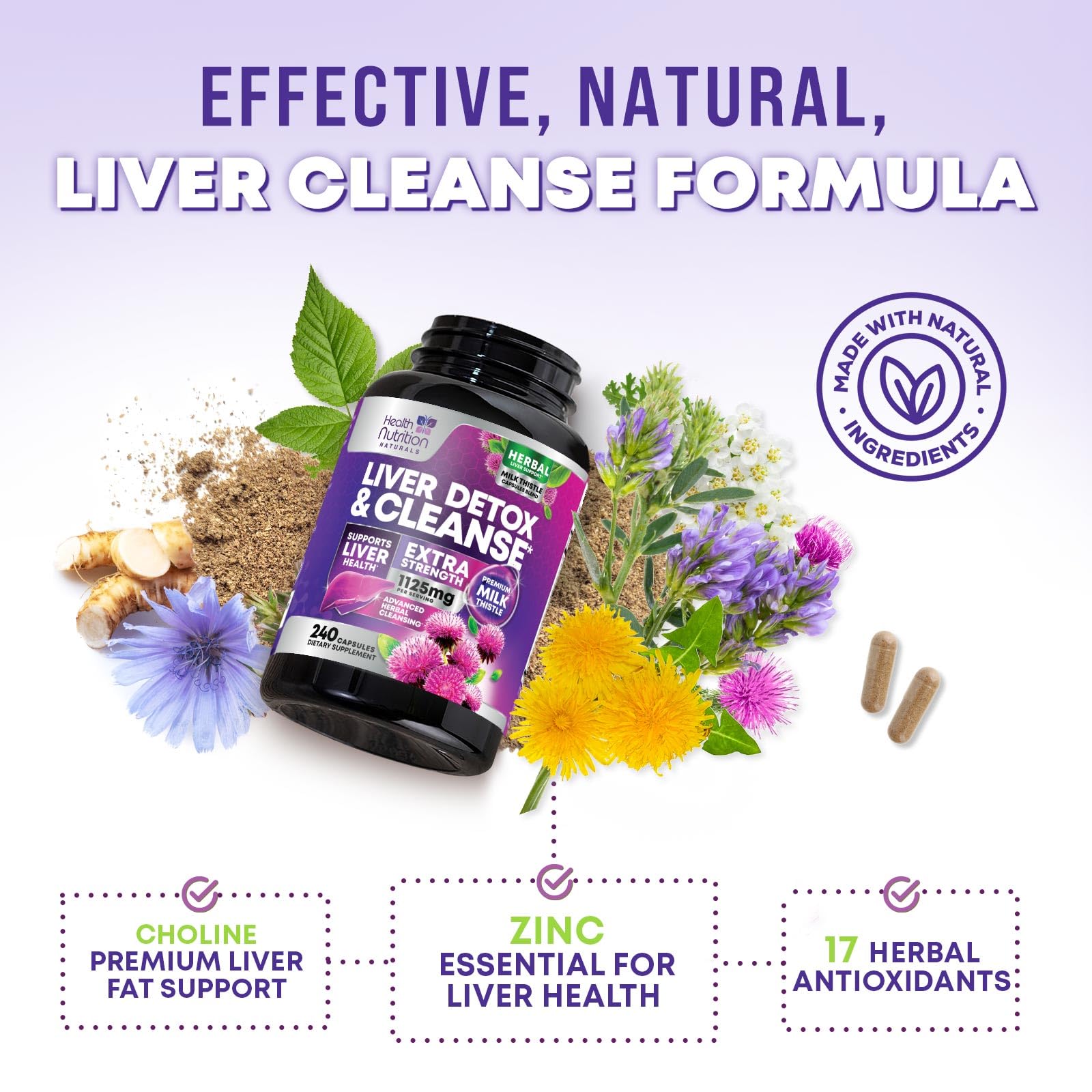 Liver Cleanse Detox & Repair Supplement - 1100mg Herbal Liver Complex - Milk Thistle with Silymarin, Dandelion, Artichoke Extract, Turmeric & Beetroot - Natural & Gentle Liver Support - 240 Capsules — Amazon image 6