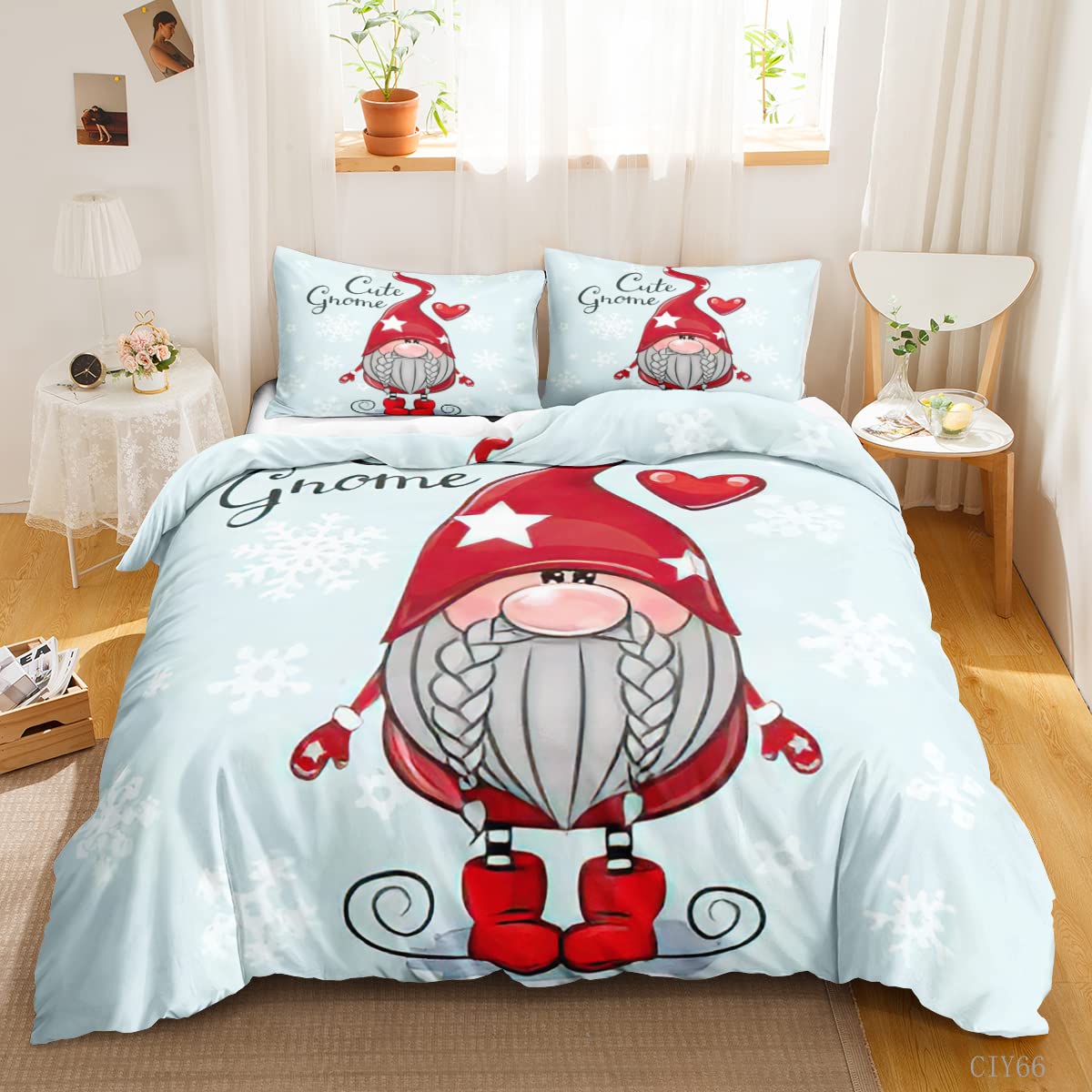 HOSIMA Christmas Gnome Duvet Cover Set Christmas Cute Cartoon Dwarf Winter Snow Scene 3 Piece Bedding Breathable Soft Microfiber Fabric Set with 2 Pillow Covers Twin Size Twin3pcs 70