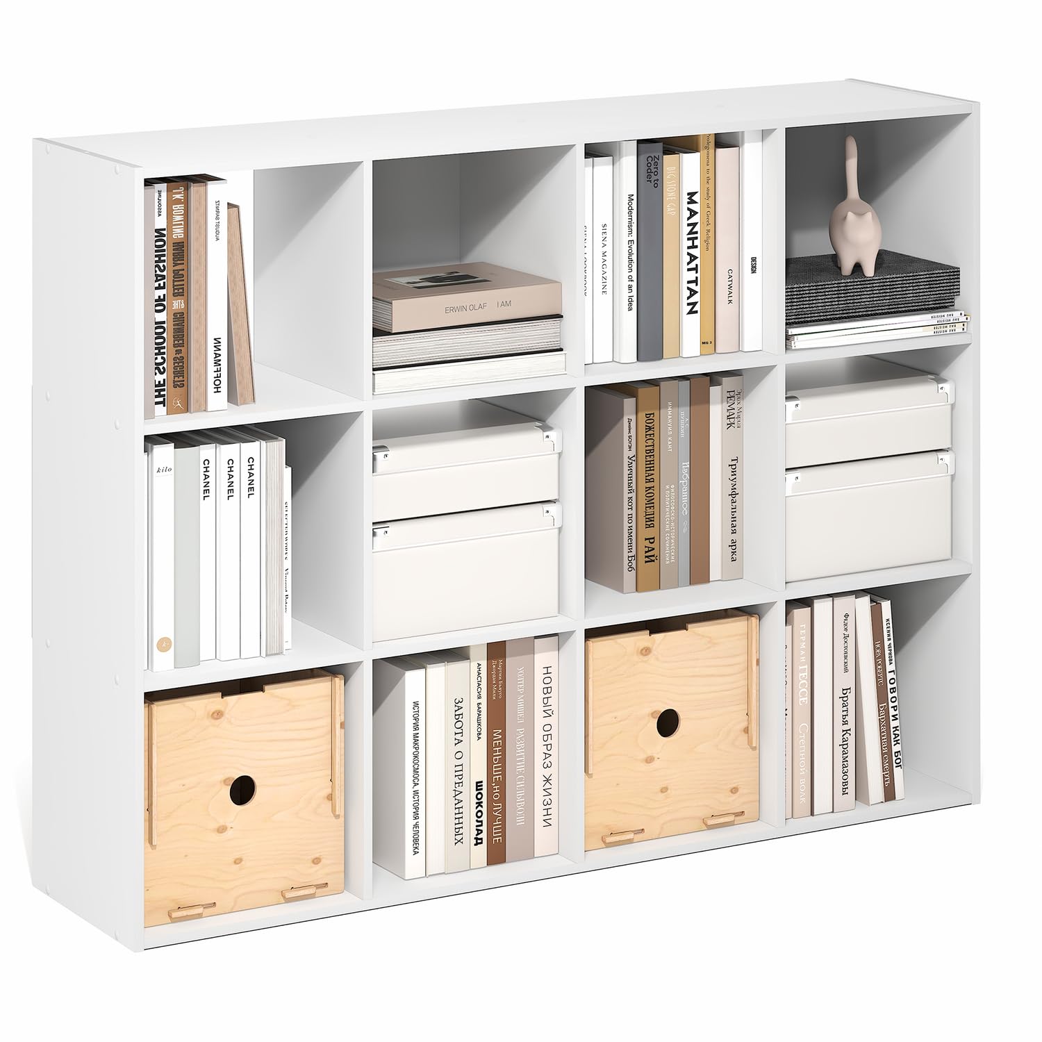 furinno pelli book shelf, 12-cube bookshelf, cube storage organizer bookcase, 11.7 x 47.6 x 36, for living room, bedroom, home office, white