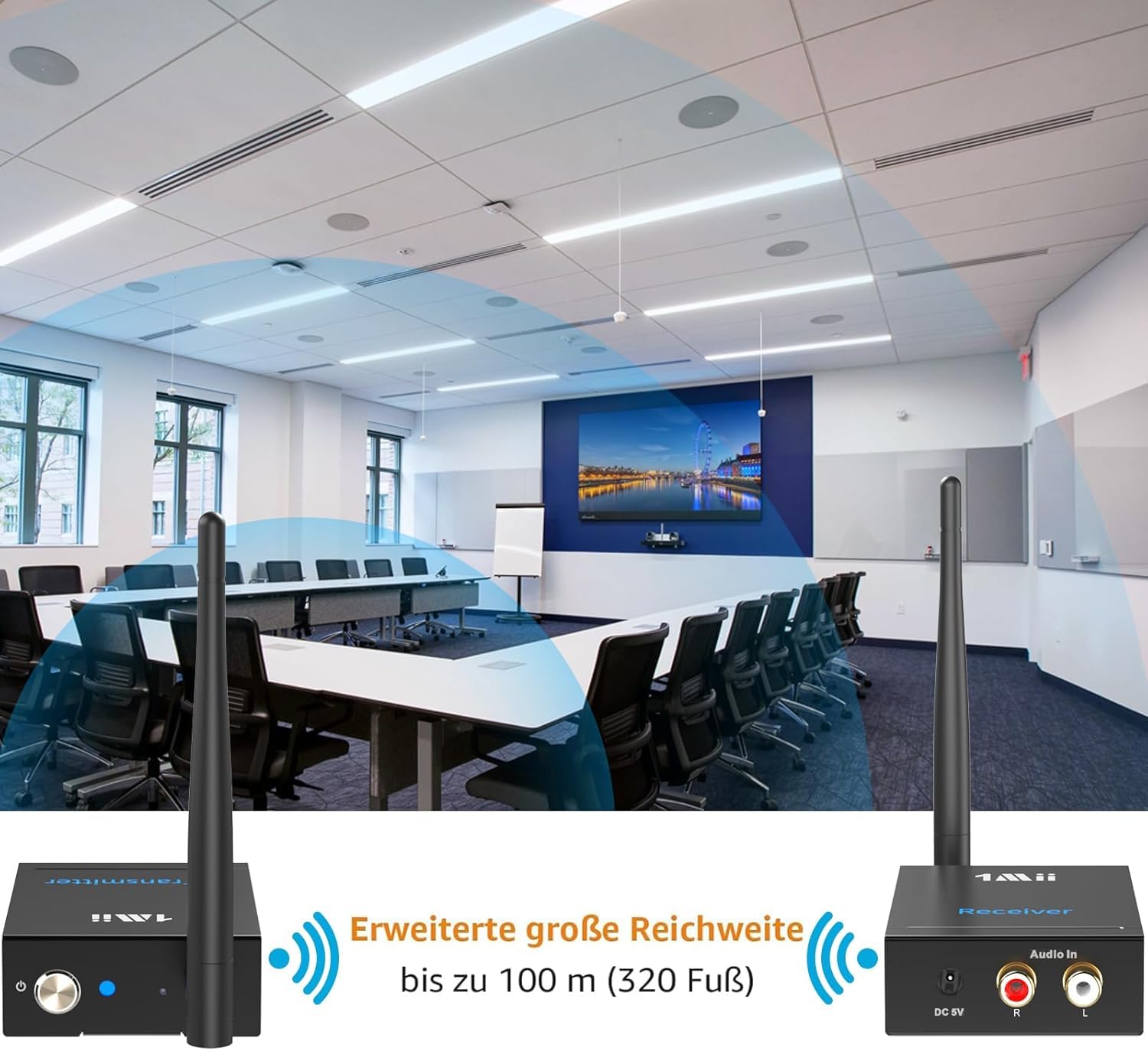 1Mii (1 TX + 1 RX) Drahtlos Audio Sender Empfänger, 2,4 G Funk Übertragung | Low Latency für HiFi-Musik von TV/PC zu Aktivlautsprecher/Verstärker/AV-Receiver, Cinch-Anschluss, 100m Große Reichweite
