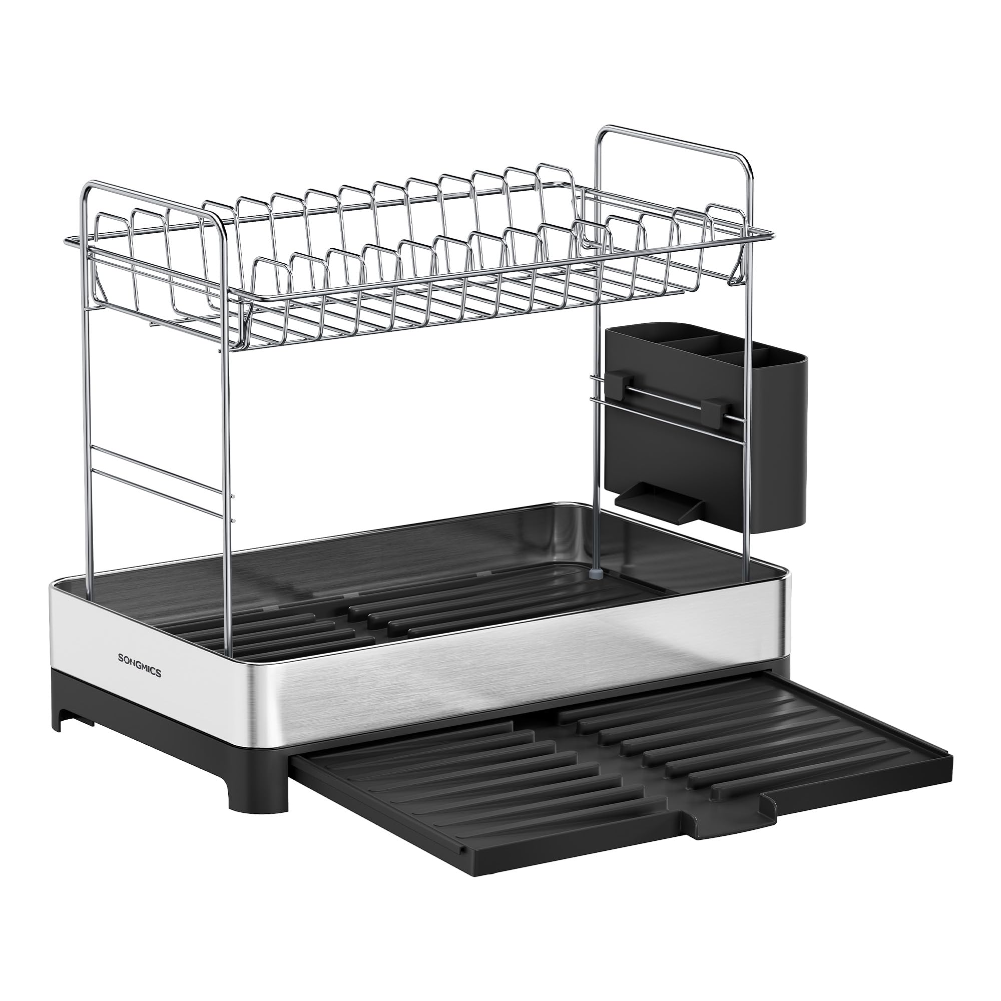 SONGMICS Escurreplatos de 2 Capas, Escurreplatos Extensible, Escurridor de Acero Inoxidable con Soporte para Utensilio, Inoxidable, para Platos, Cuchillos, Cucharas, Tenedores, Plata y Negro KCS036B01