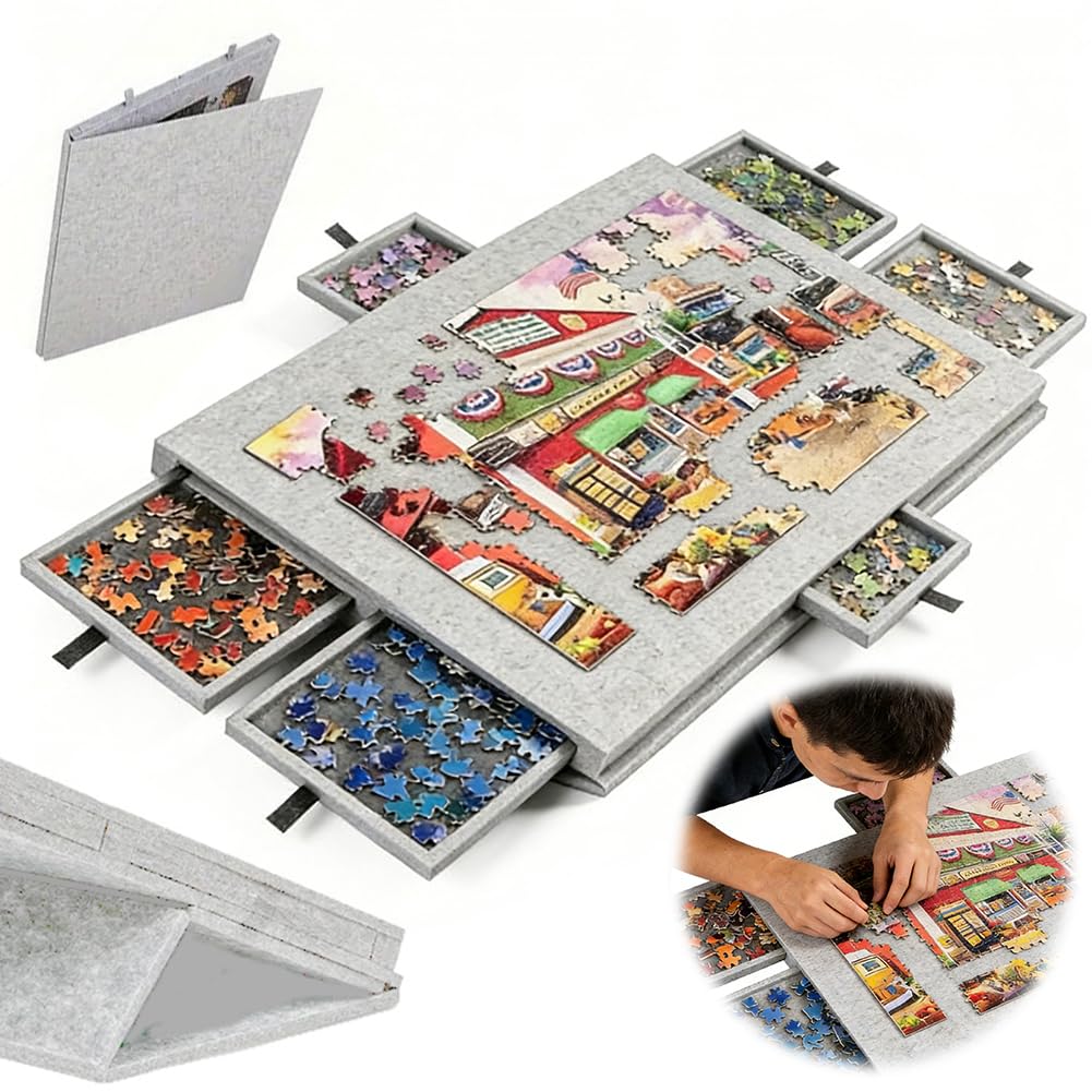 Tagliere puzzle inclinabile con supporto 2 in 1 e copertura, in feltro leggero con 6 cassetti per adulti, tavolo puzzle portatile in feltro per fino a 1000 pezzi, puzzle