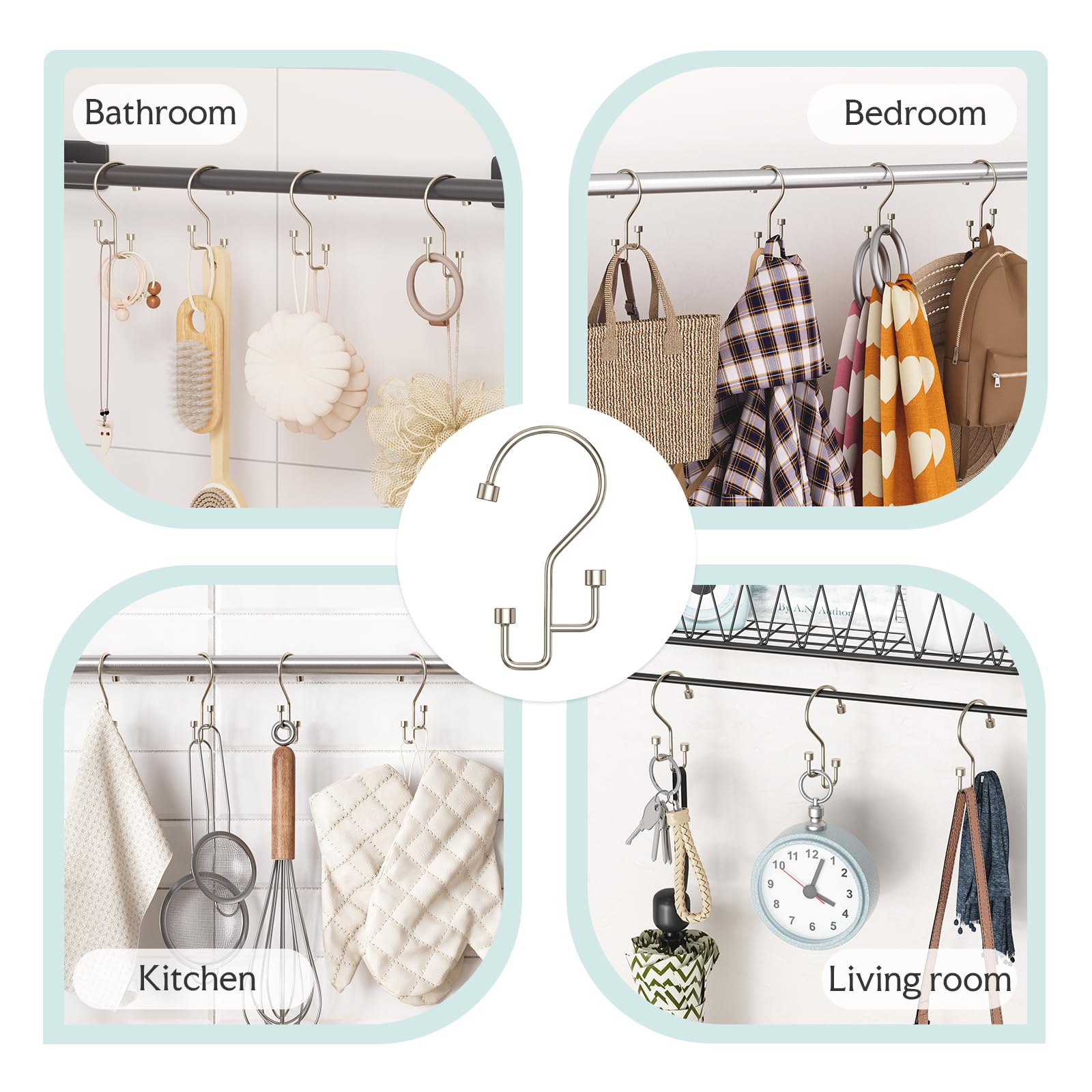 Bathway Lot de 12 crochets de rideau de douche double face en nickel antirouille, crochets de douche en métal lisse et robuste, anti-nœuds, design haut et bas, pour rideaux de douche et tringles