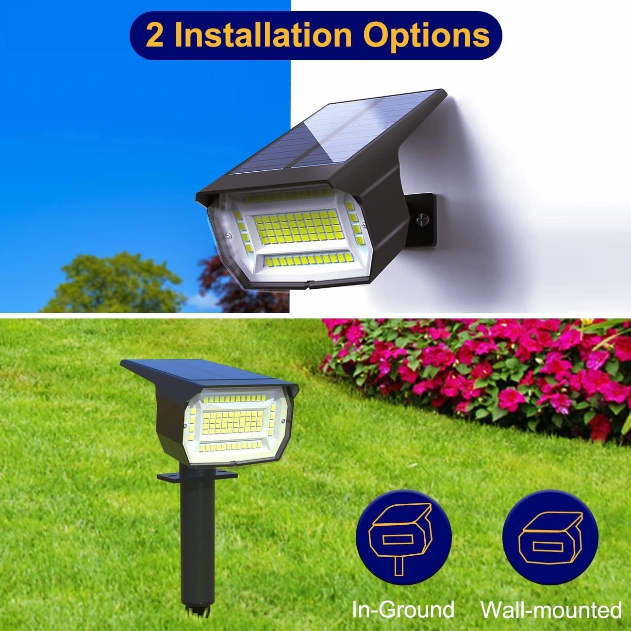 LOTMOS Luces Solares LED Exterior Jardin [4 Paquete/72LED] Focos LED Exterior Solares, Impermeable IP65 Luz Solar Potente Foco Lampara Solar Jardin Exteriores Suelo (Blanco Calido)