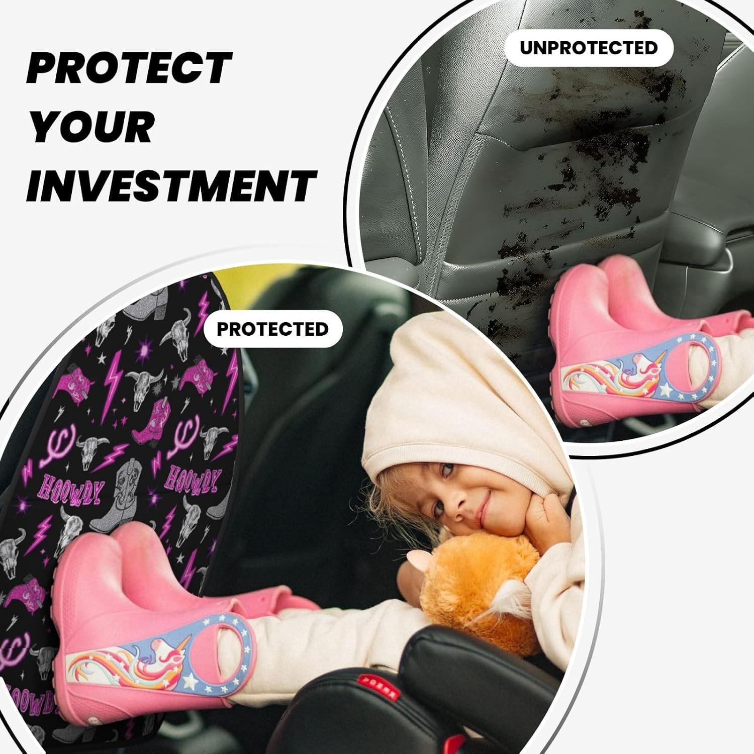 Retro Pink Cowgirl Western Neon Seamless Car Seat Back Kick Protector 2 Pack, 18.5x26.4 Inch Anti-Kick Pad, Waterproof Oxford Fabric Large Rear Seat Cover for Kids Pets Fits SUV Jeep Truck Sed